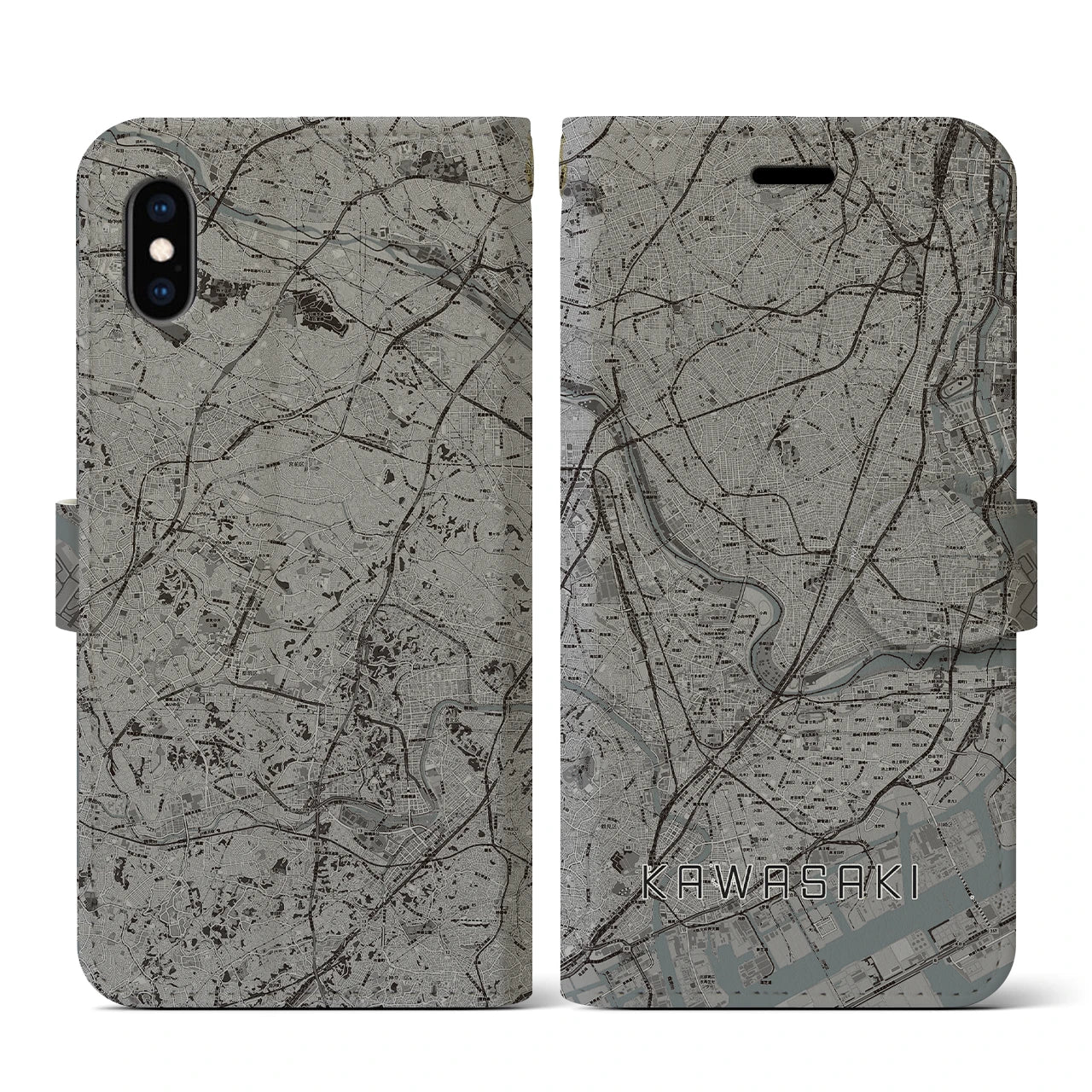 【川崎(神奈川県)】地図柄iPhoneケース(手帳タイプ)モノトーン・iPhone XS / X 用