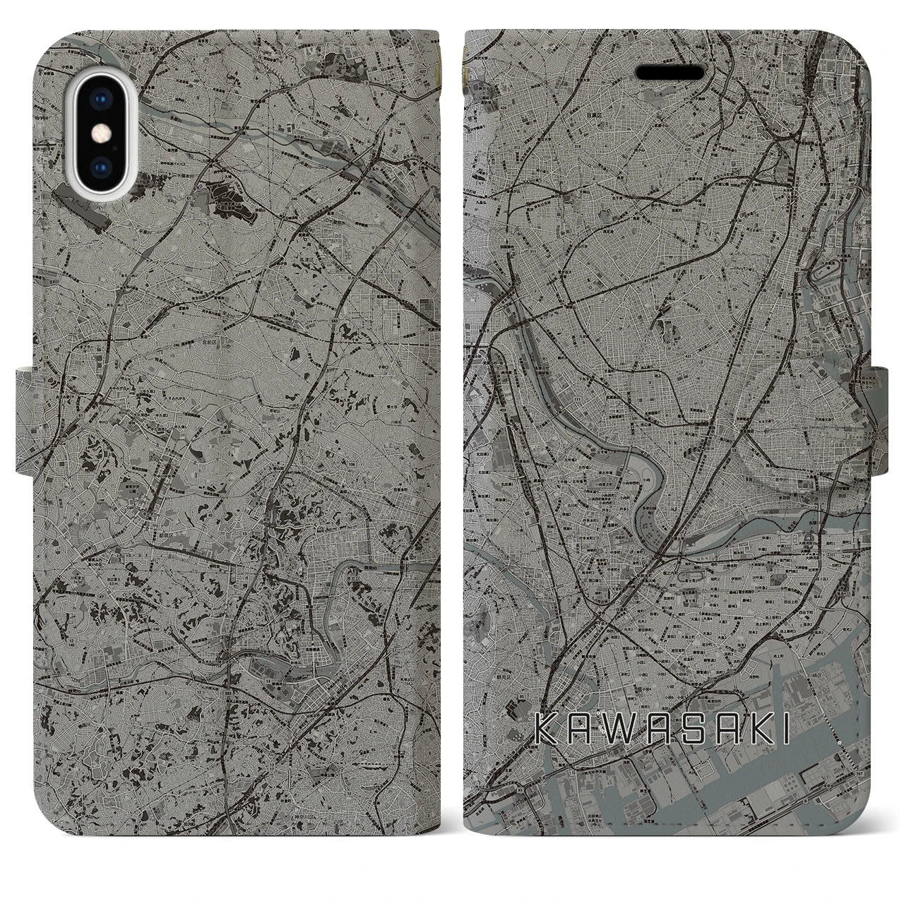 【川崎(神奈川県)】地図柄iPhoneケース(手帳タイプ)モノトーン・iPhone XS Max 用