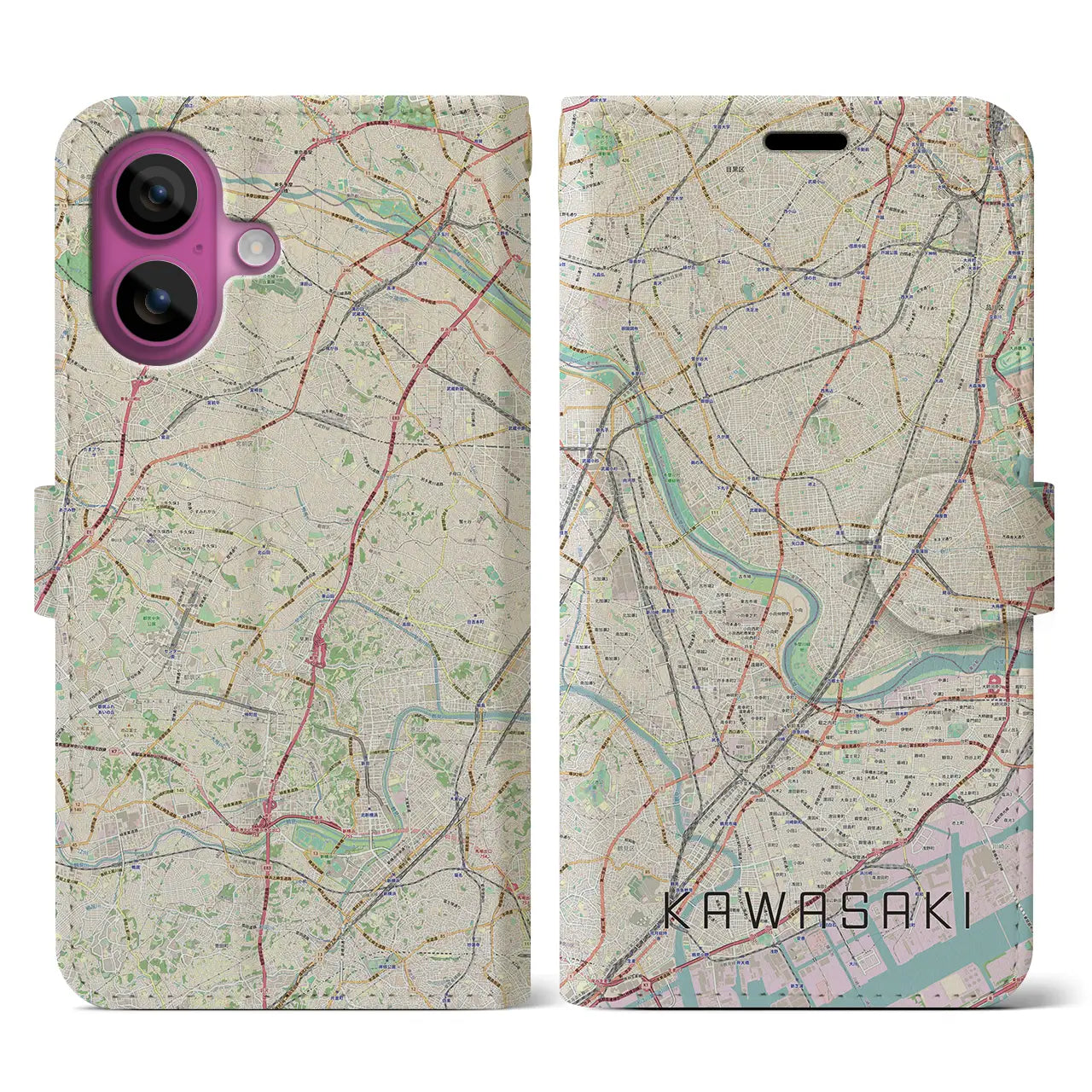 【川崎(神奈川県)】地図柄iPhoneケース(手帳タイプ)ナチュラル・iPhone 16 Pro 用