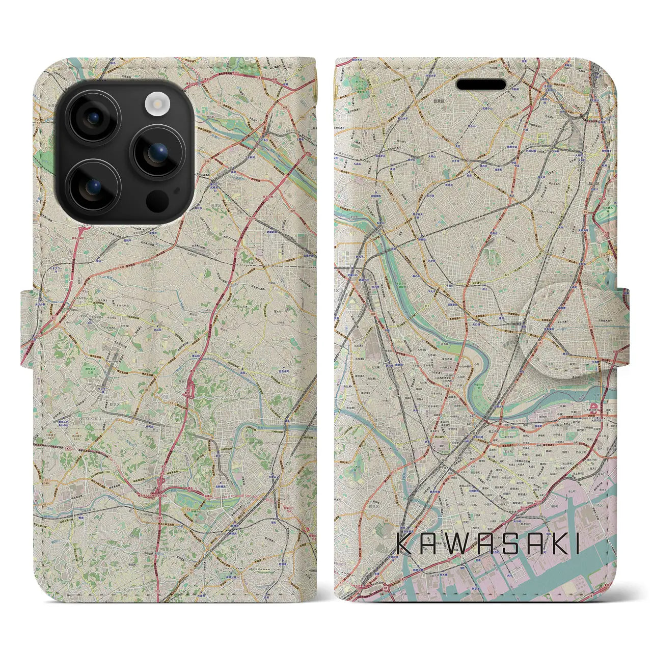 【川崎(神奈川県)】地図柄iPhoneケース(手帳タイプ)ナチュラル・iPhone 16 用