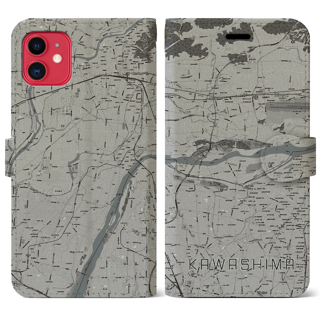 【川島(岐阜県)】地図柄iPhoneケース(手帳タイプ)モノトーン・iPhone 11 用