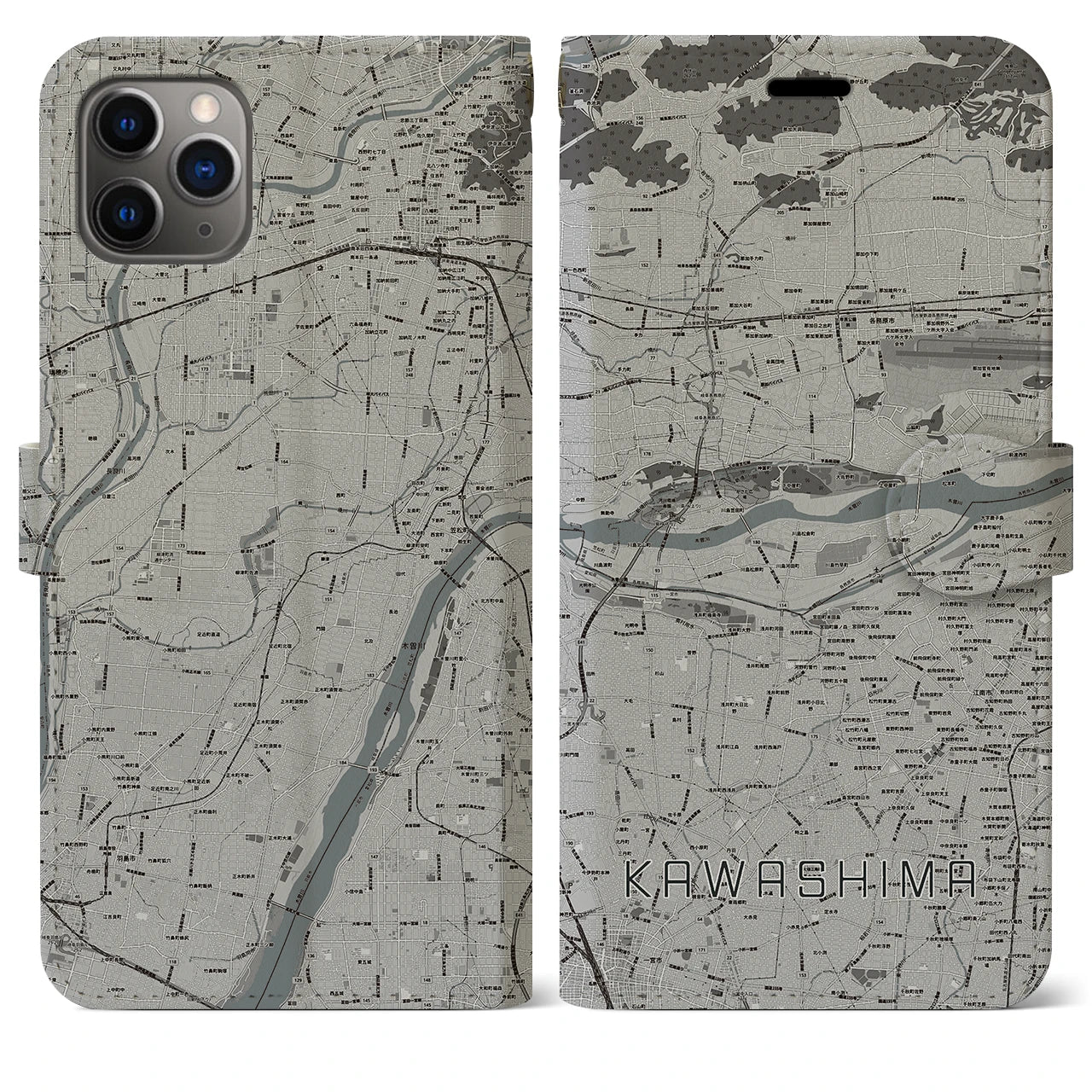 【川島(岐阜県)】地図柄iPhoneケース(手帳タイプ)モノトーン・iPhone 11 Pro Max 用