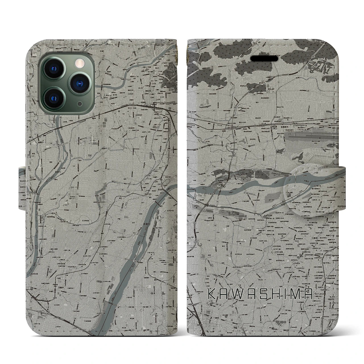 【川島(岐阜県)】地図柄iPhoneケース(手帳タイプ)モノトーン・iPhone 11 Pro 用