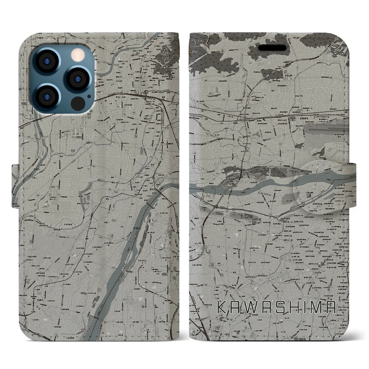 【川島(岐阜県)】地図柄iPhoneケース(手帳タイプ)モノトーン・iPhone 12 / 12 Pro 用
