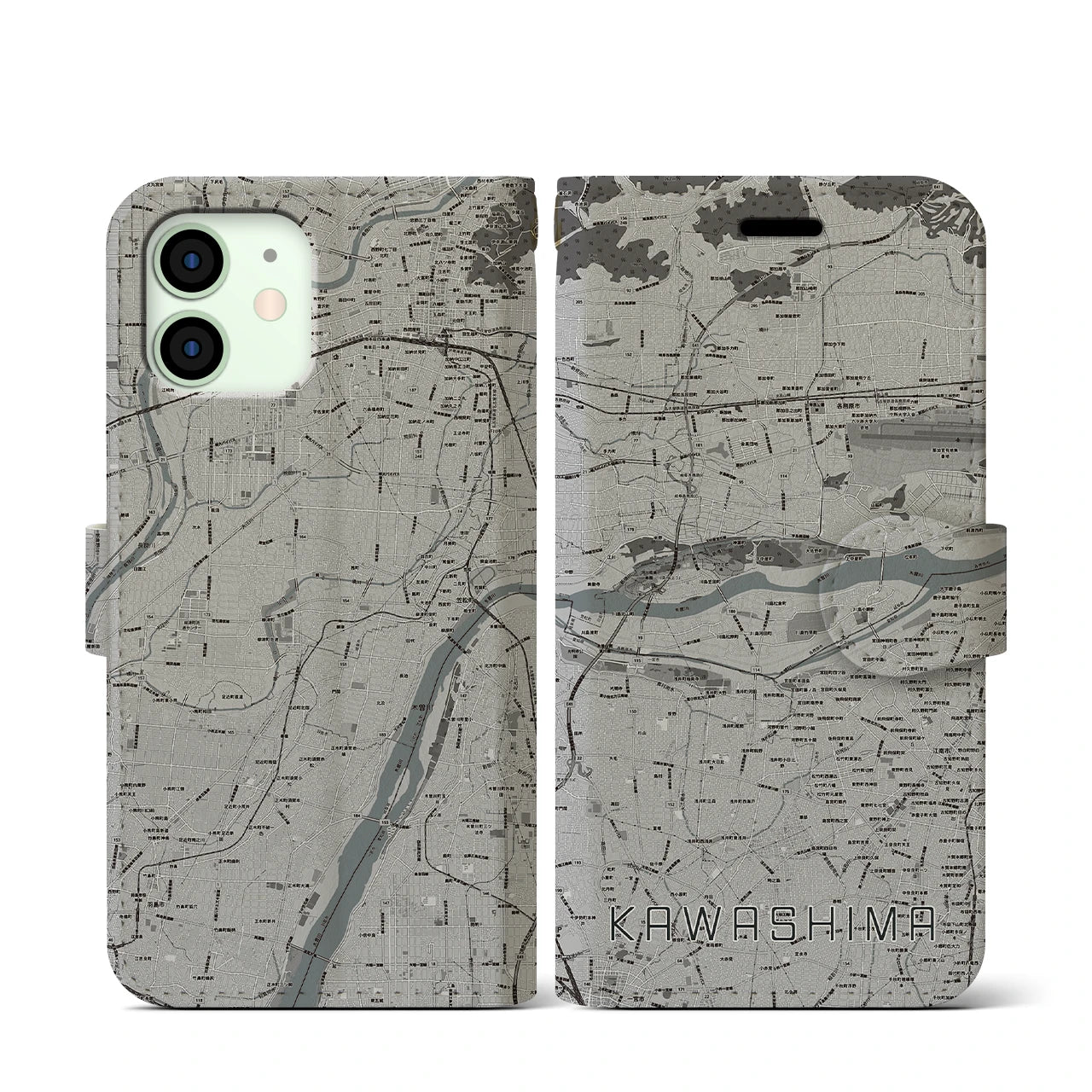 【川島(岐阜県)】地図柄iPhoneケース(手帳タイプ)モノトーン・iPhone 12 mini 用