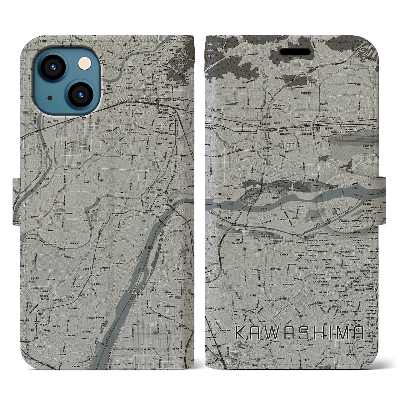 【川島(岐阜県)】地図柄iPhoneケース(手帳タイプ)モノトーン・iPhone 13 用