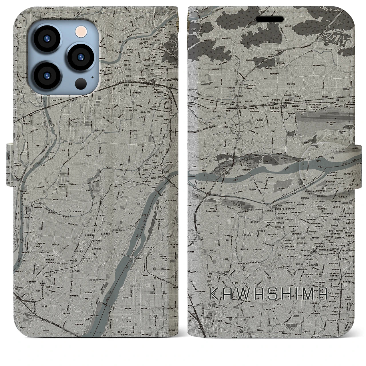 【川島(岐阜県)】地図柄iPhoneケース(手帳タイプ)モノトーン・iPhone 13 Pro Max 用