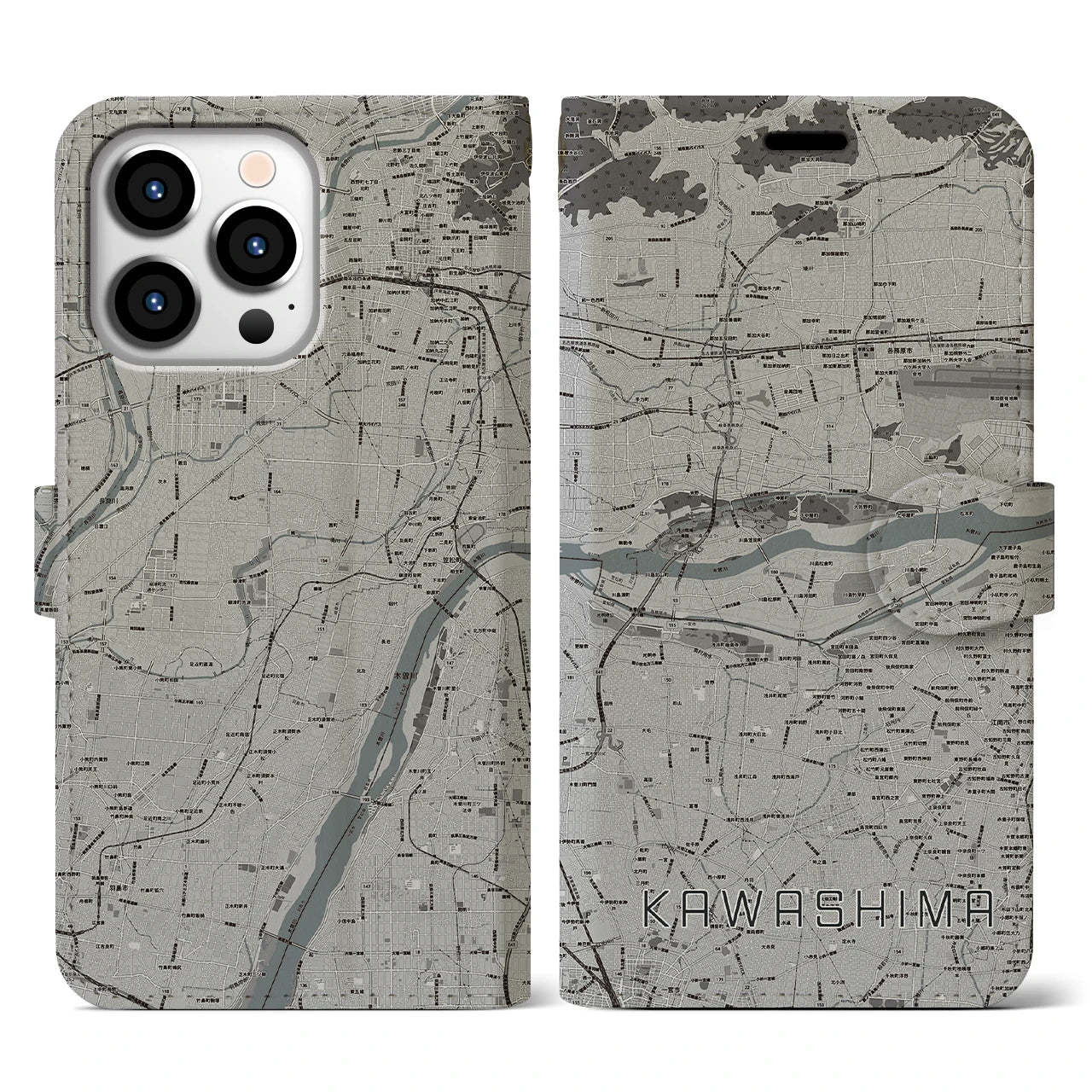 【川島(岐阜県)】地図柄iPhoneケース(手帳タイプ)モノトーン・iPhone 13 Pro 用
