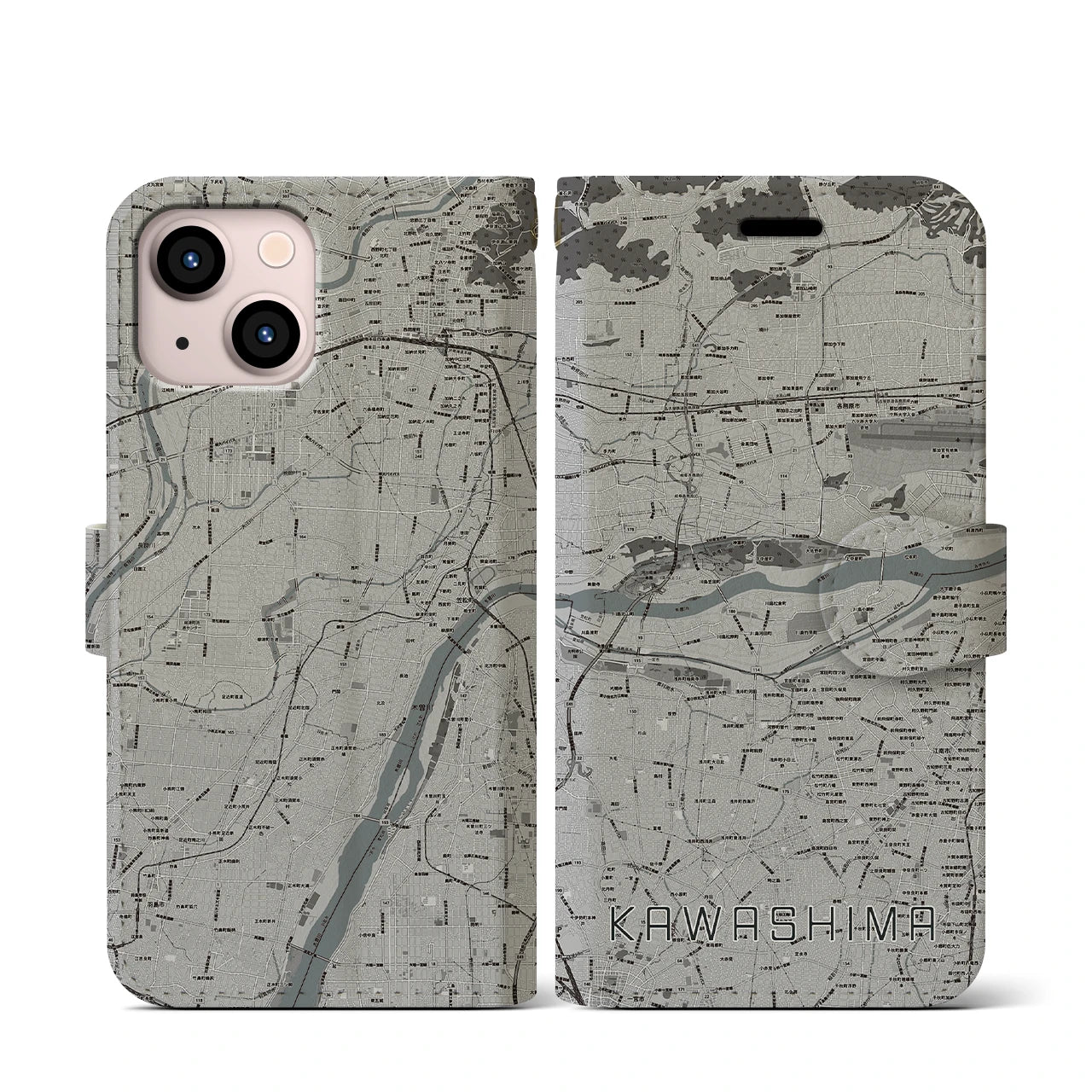 【川島(岐阜県)】地図柄iPhoneケース(手帳タイプ)モノトーン・iPhone 13 mini 用