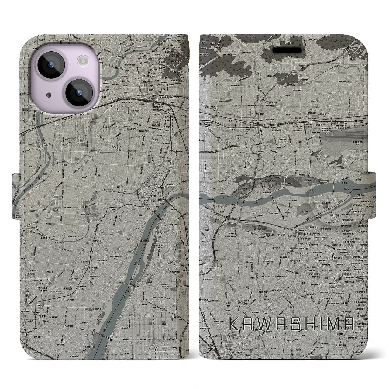【川島(岐阜県)】地図柄iPhoneケース(手帳タイプ)モノトーン・iPhone 14 用