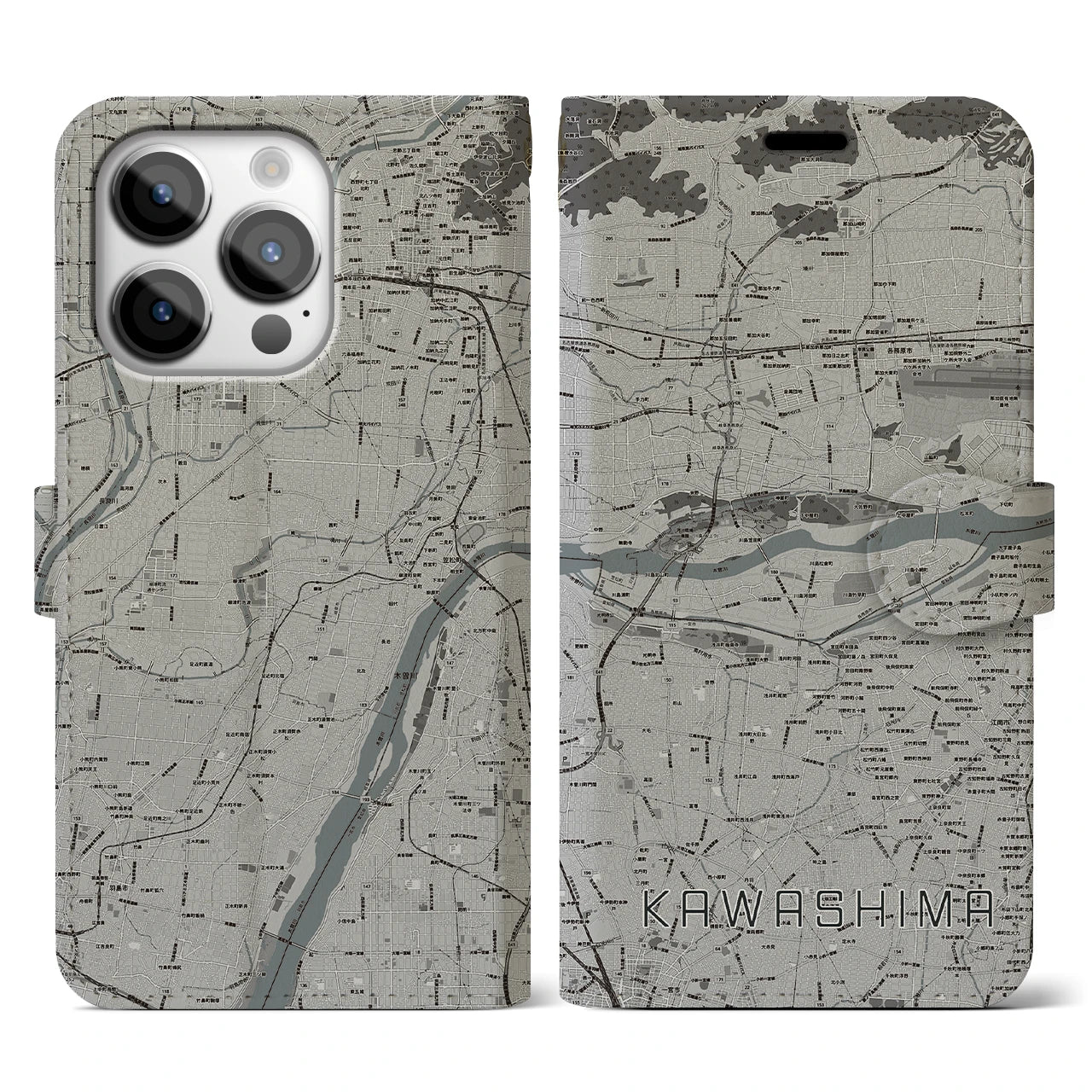 【川島(岐阜県)】地図柄iPhoneケース(手帳タイプ)モノトーン・iPhone 14 Pro 用