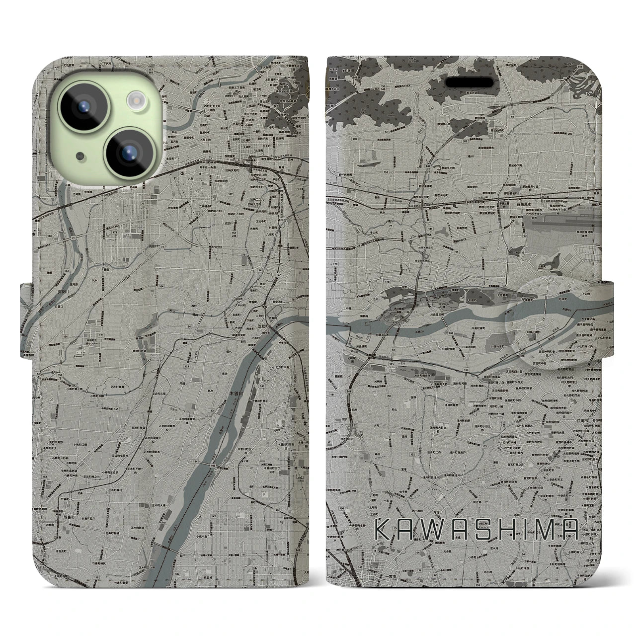 【川島(岐阜県)】地図柄iPhoneケース(手帳タイプ)モノトーン・iPhone 15 用