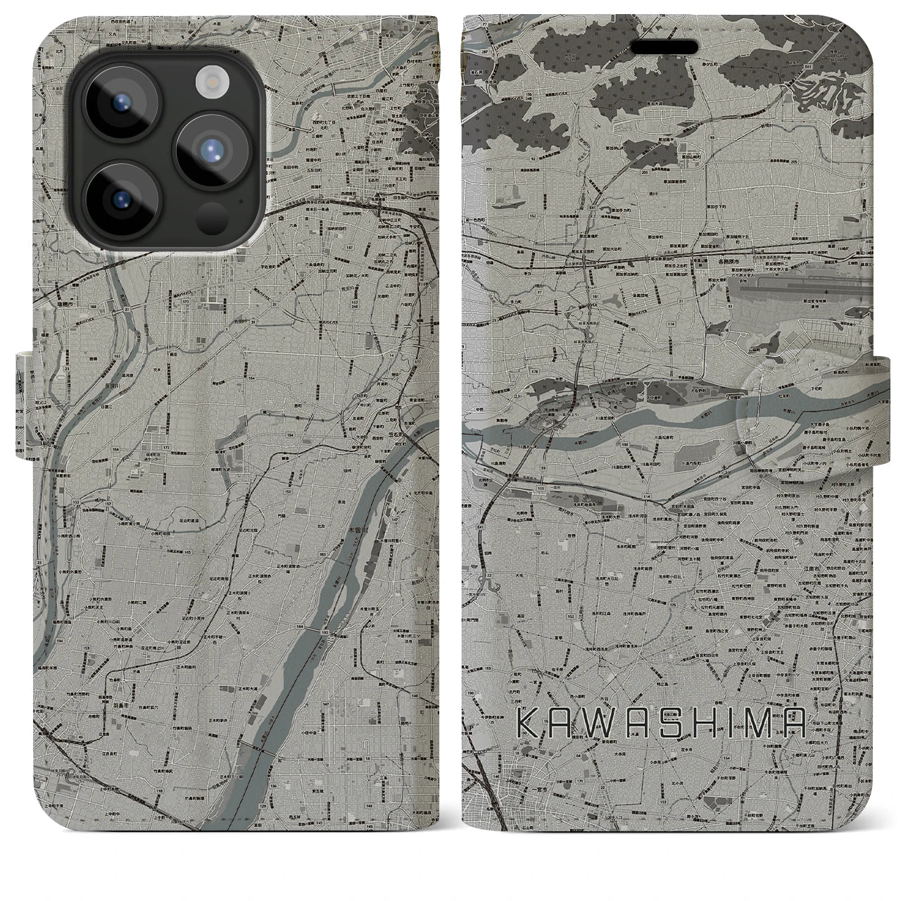 【川島(岐阜県)】地図柄iPhoneケース(手帳タイプ)モノトーン・iPhone 15 Pro Max 用