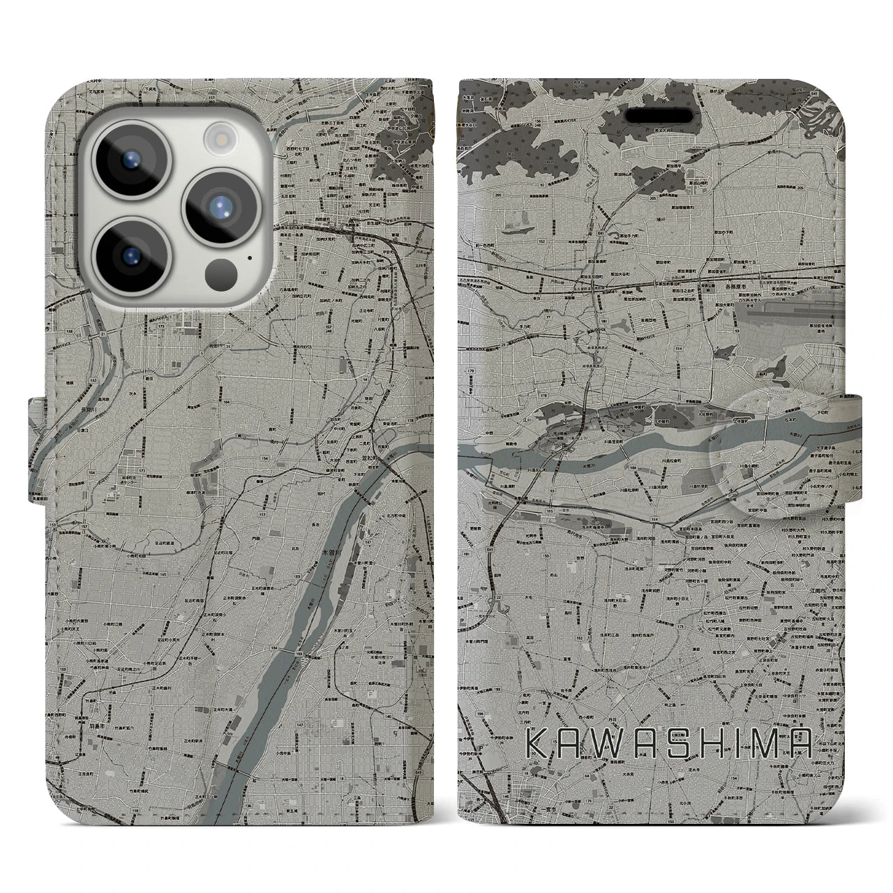 【川島(岐阜県)】地図柄iPhoneケース(手帳タイプ)モノトーン・iPhone 15 Pro 用