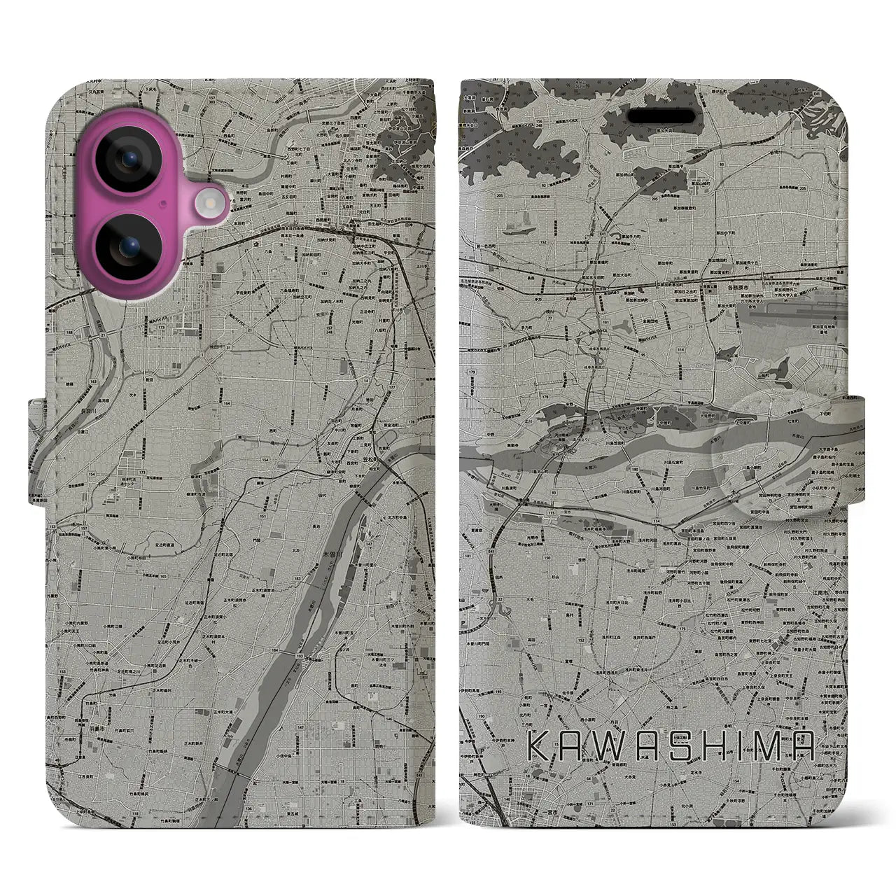 【川島(岐阜県)】地図柄iPhoneケース(手帳タイプ)モノトーン・iPhone 16 Pro 用