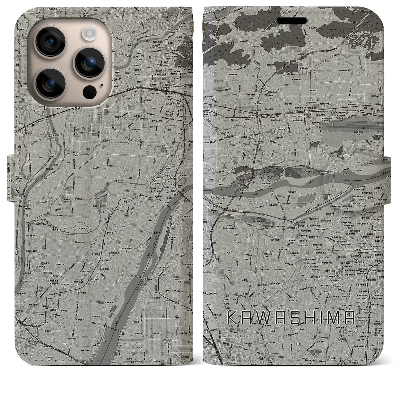 【川島(岐阜県)】地図柄iPhoneケース(手帳タイプ)モノトーン・iPhone 16 Plus 用