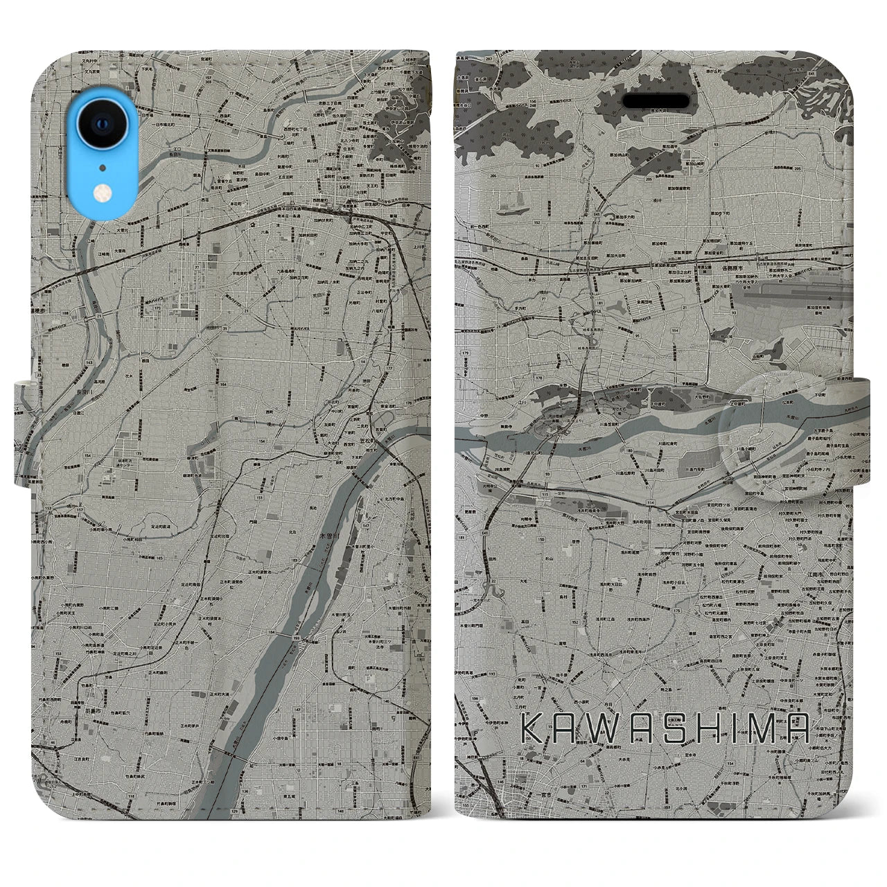 【川島(岐阜県)】地図柄iPhoneケース(手帳タイプ)モノトーン・iPhone XR 用