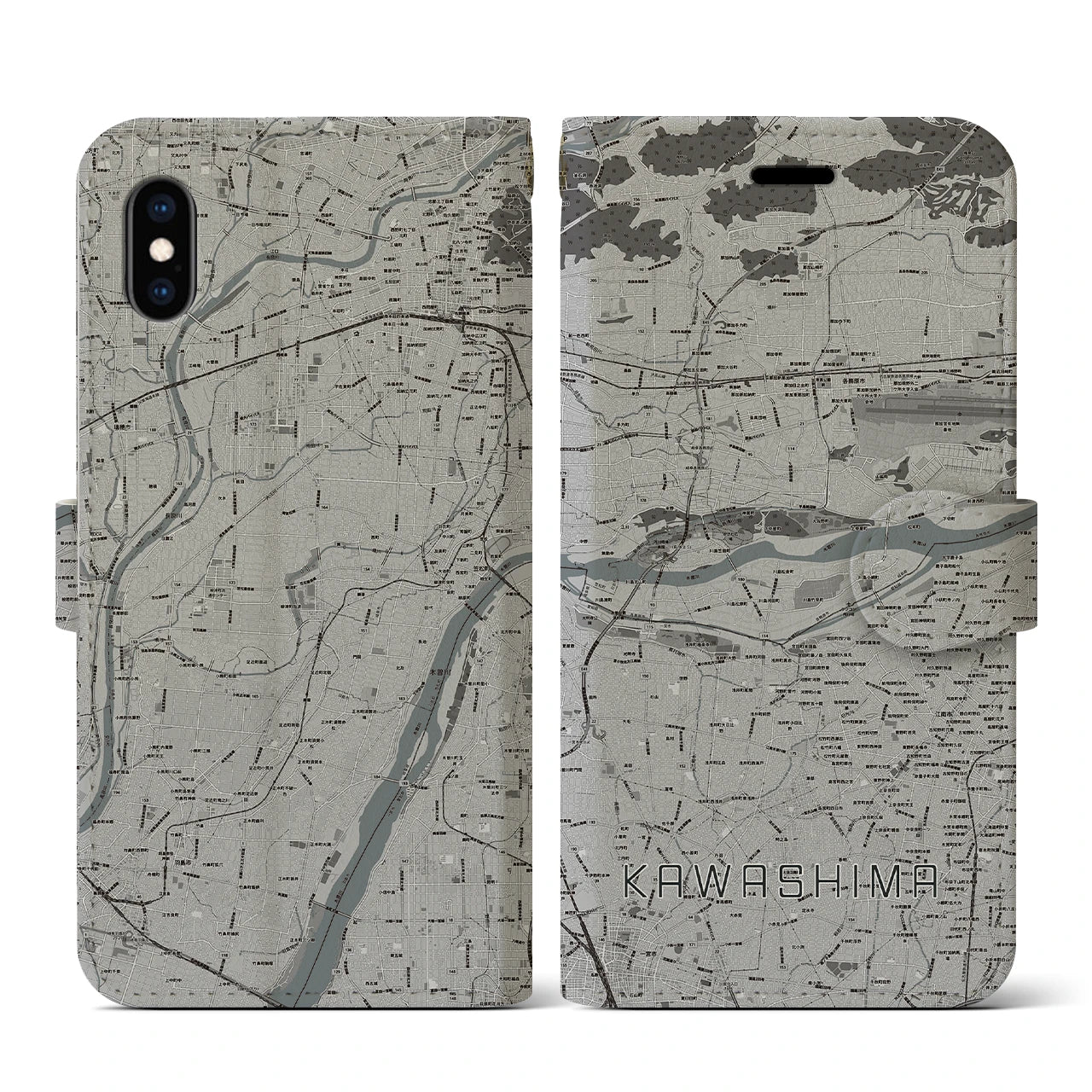 【川島(岐阜県)】地図柄iPhoneケース(手帳タイプ)モノトーン・iPhone XS / X 用