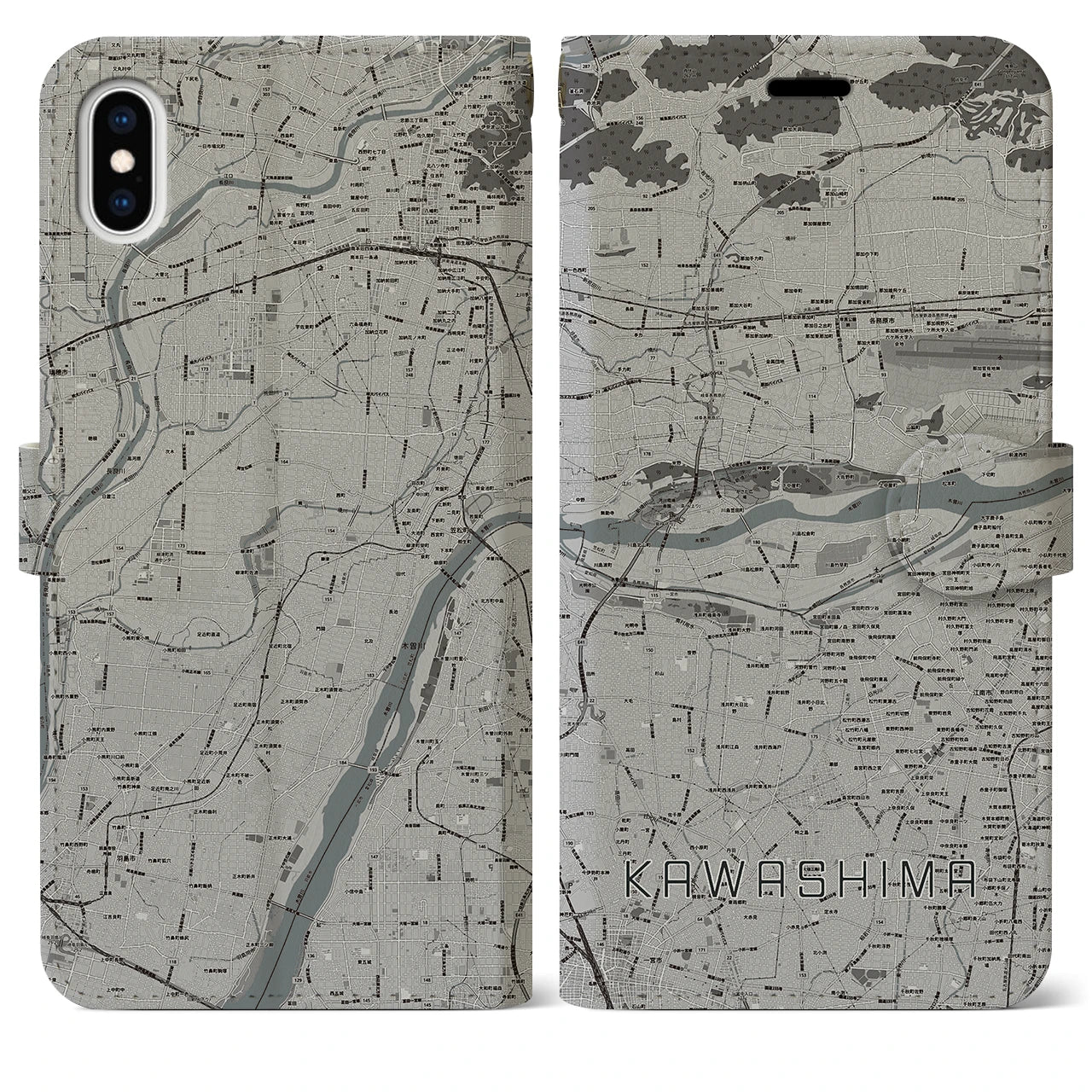 【川島(岐阜県)】地図柄iPhoneケース(手帳タイプ)モノトーン・iPhone XS Max 用