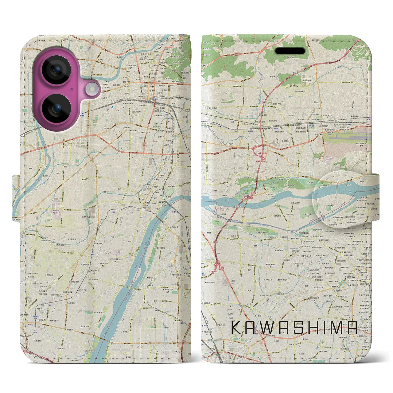 【川島(岐阜県)】地図柄iPhoneケース(手帳タイプ)ナチュラル・iPhone 16 Pro 用