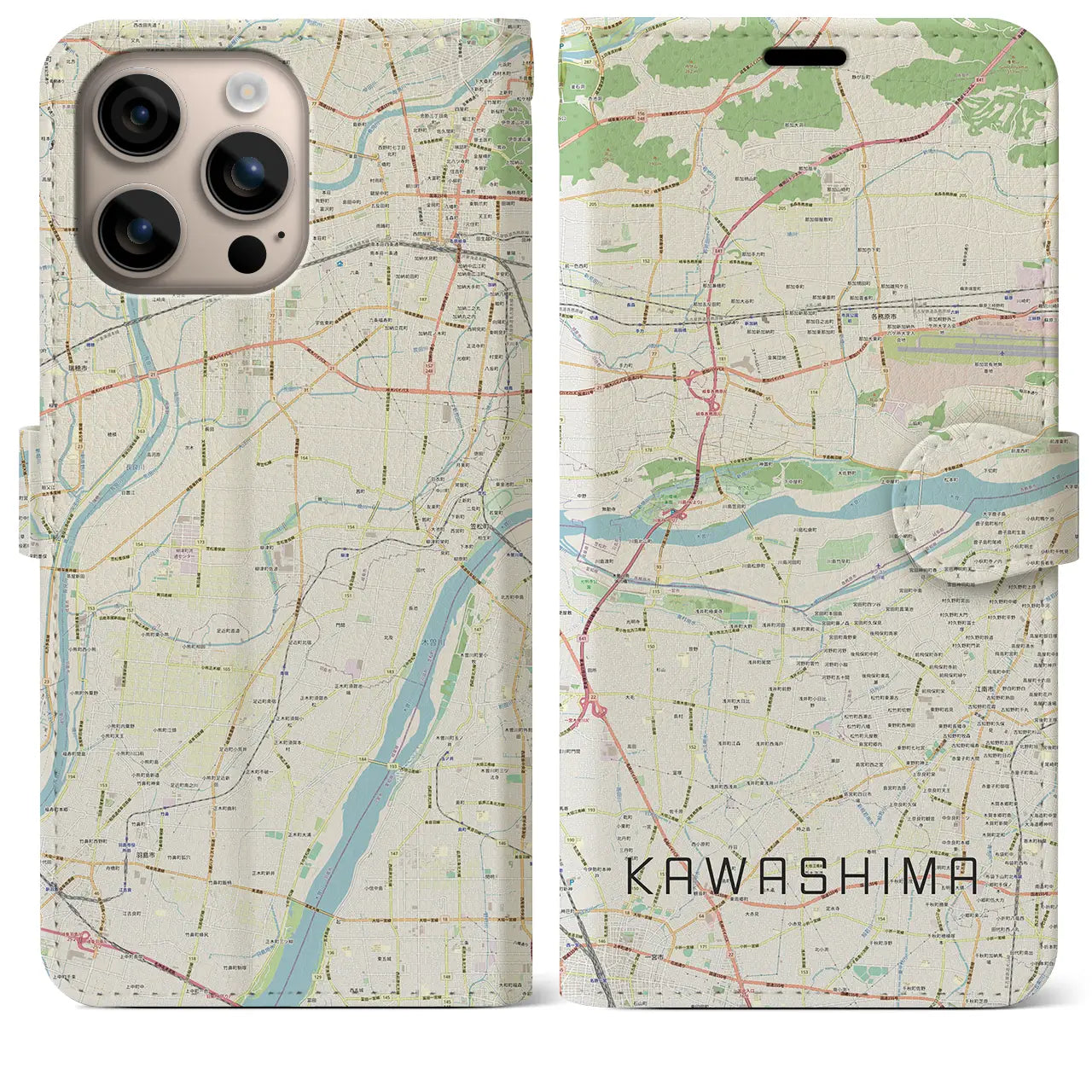 【川島(岐阜県)】地図柄iPhoneケース(手帳タイプ)ナチュラル・iPhone 16 Plus 用