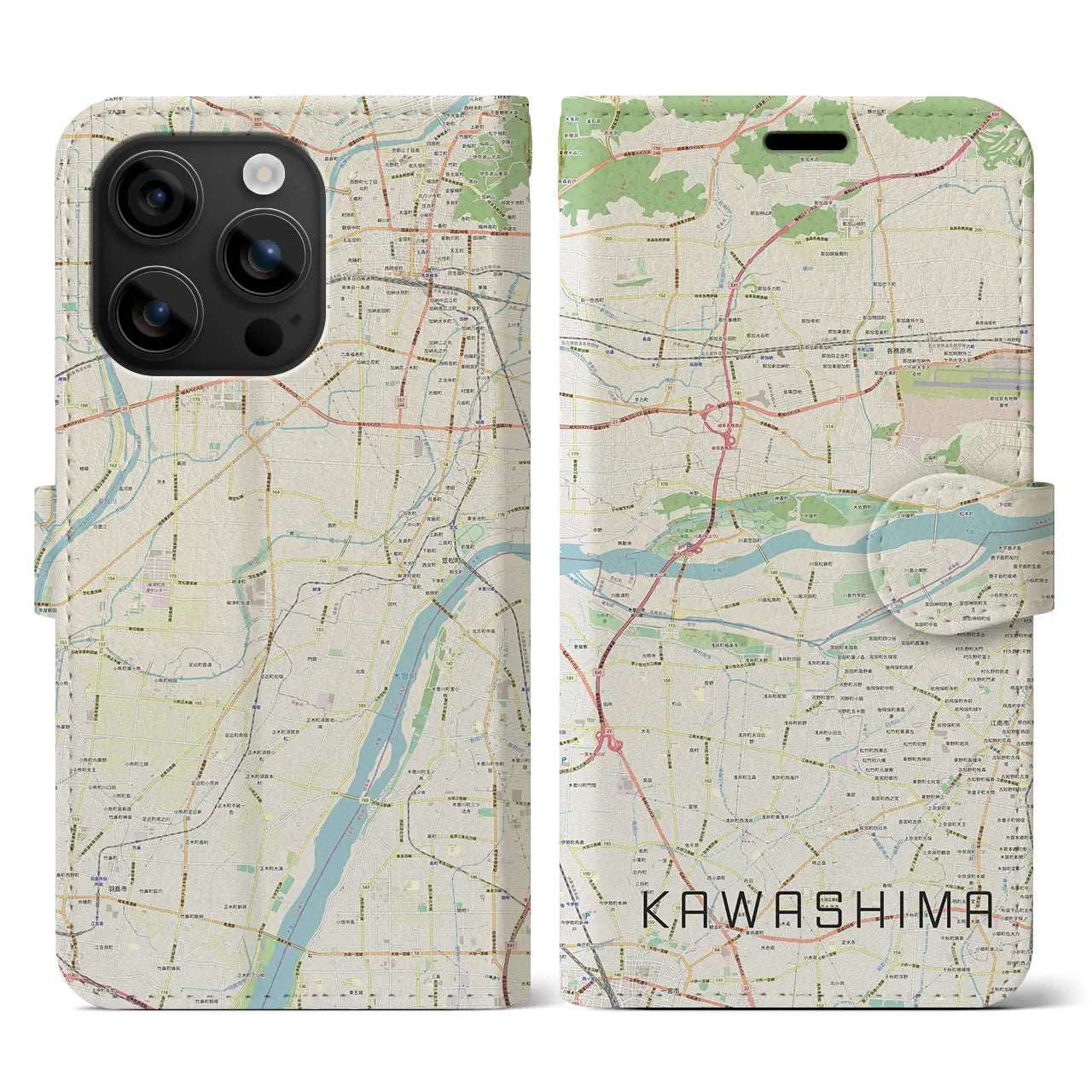 【川島(岐阜県)】地図柄iPhoneケース(手帳タイプ)ナチュラル・iPhone 16 用