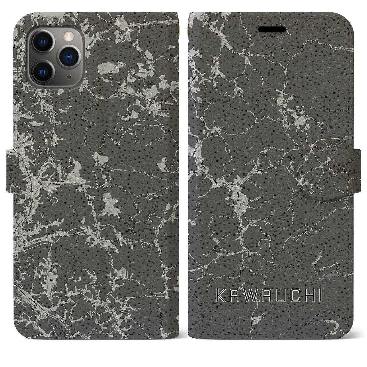 【川内(福島県)】地図柄iPhoneケース(手帳タイプ)モノトーン・iPhone 11 Pro Max 用
