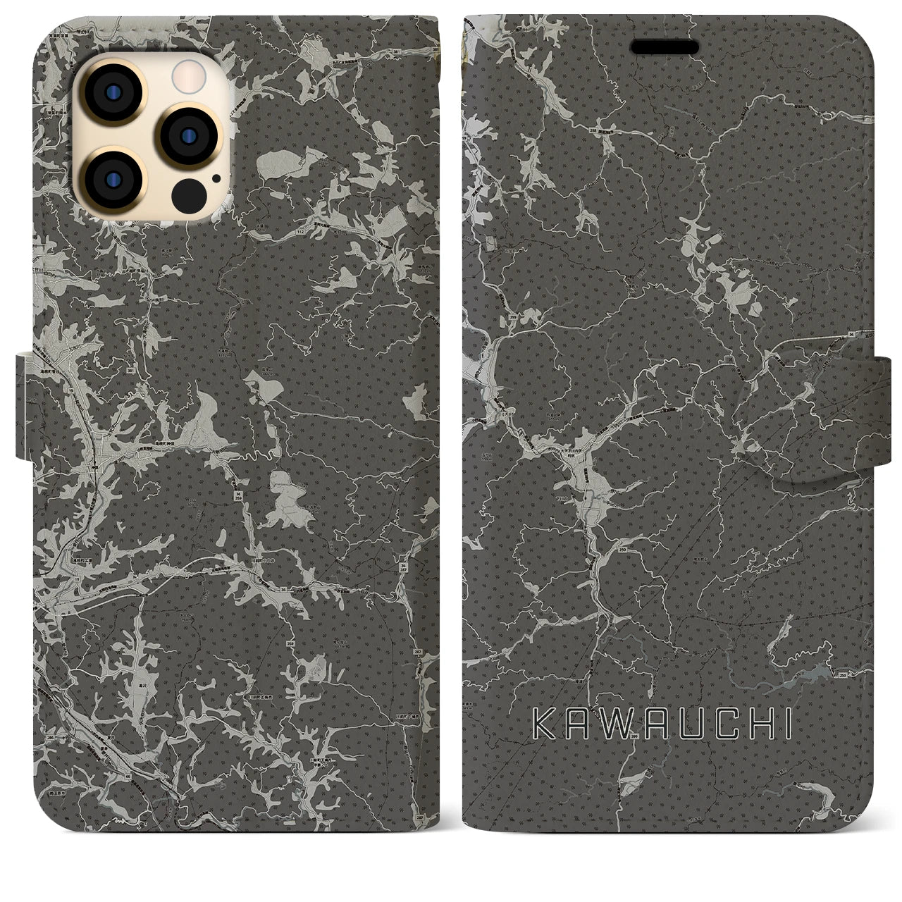 【川内(福島県)】地図柄iPhoneケース(手帳タイプ)モノトーン・iPhone 12 Pro Max 用