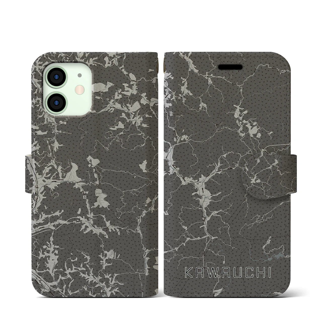 【川内(福島県)】地図柄iPhoneケース(手帳タイプ)モノトーン・iPhone 12 mini 用