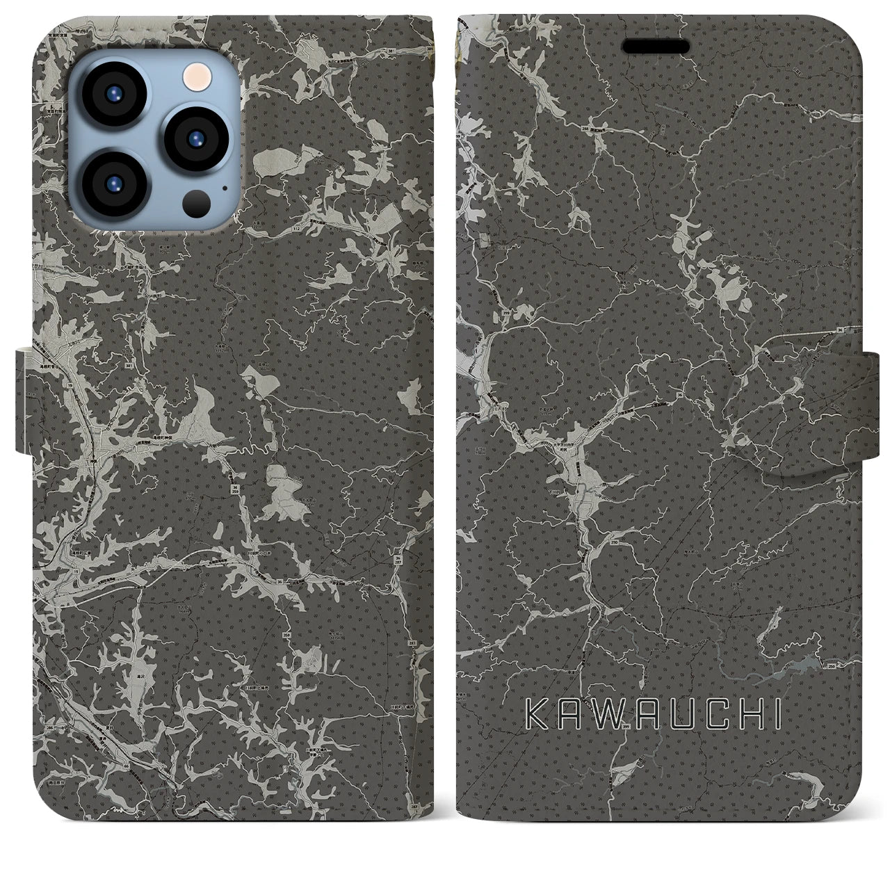 【川内(福島県)】地図柄iPhoneケース(手帳タイプ)モノトーン・iPhone 13 Pro Max 用