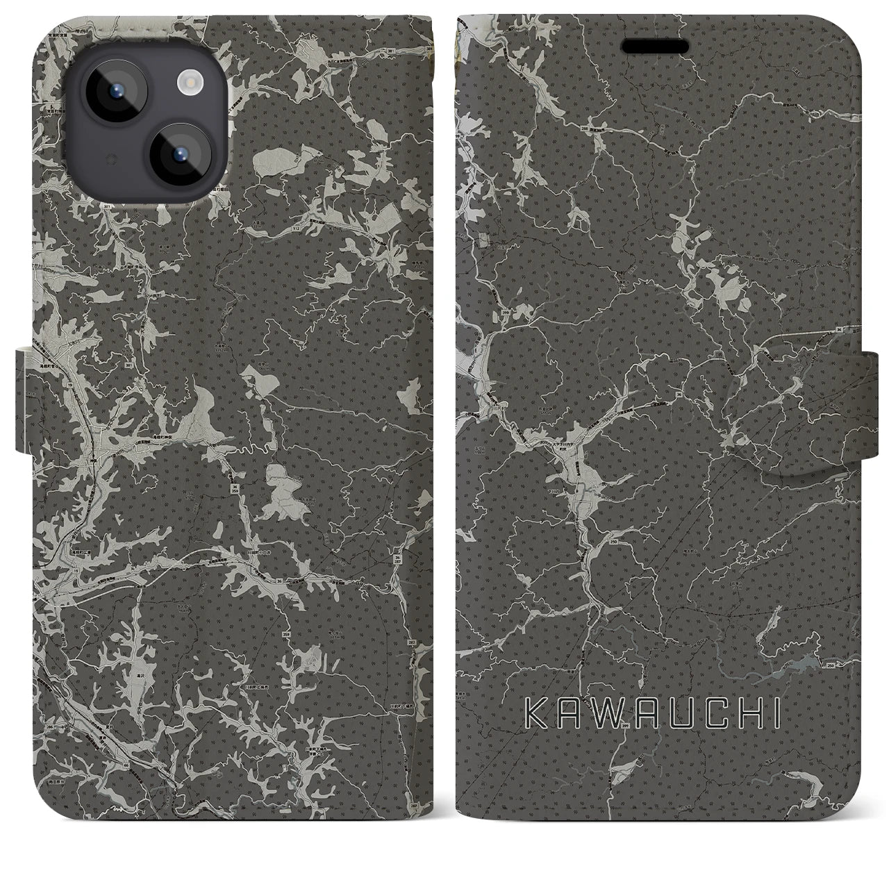 【川内(福島県)】地図柄iPhoneケース(手帳タイプ)モノトーン・iPhone 14 Plus 用