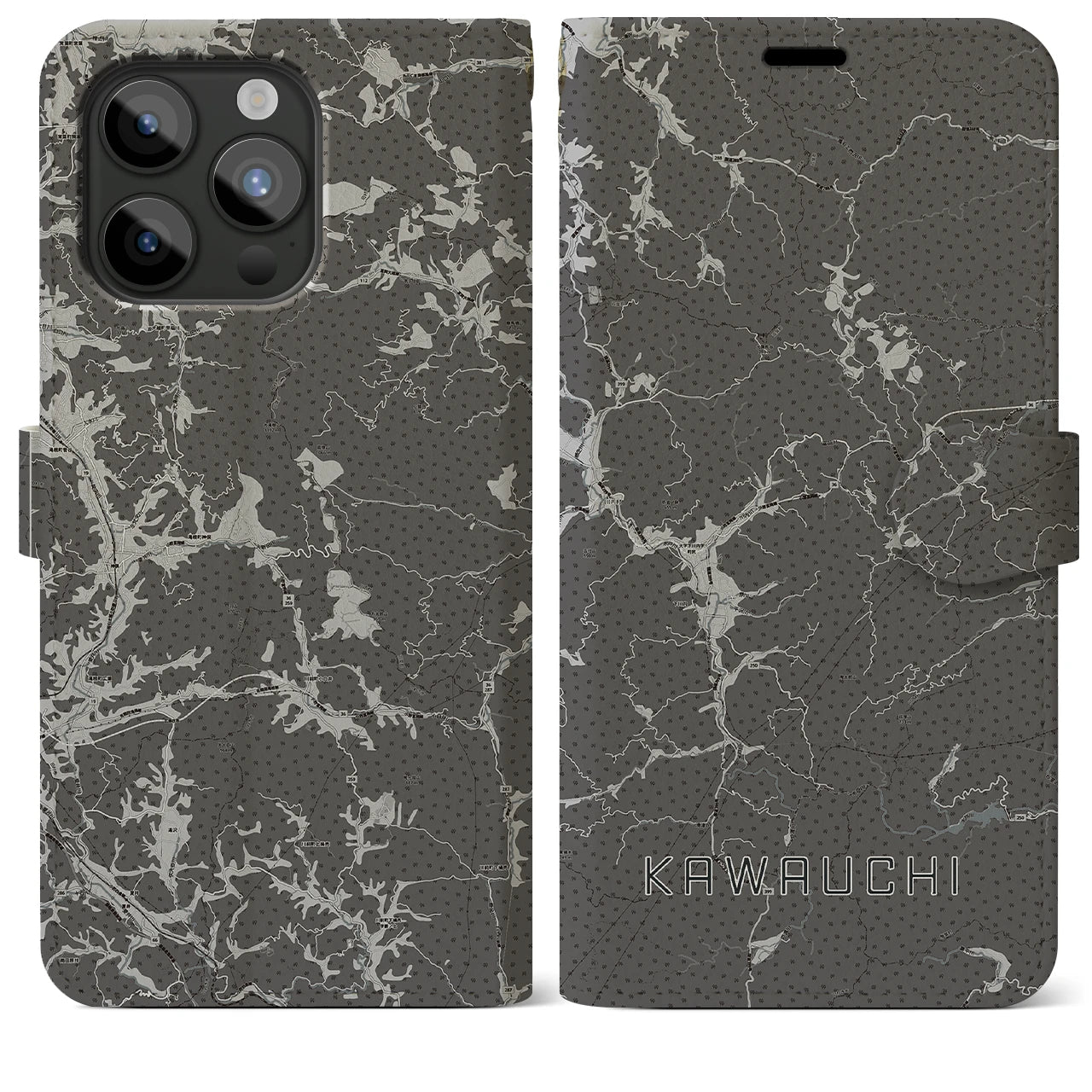 【川内(福島県)】地図柄iPhoneケース(手帳タイプ)モノトーン・iPhone 15 Pro Max 用