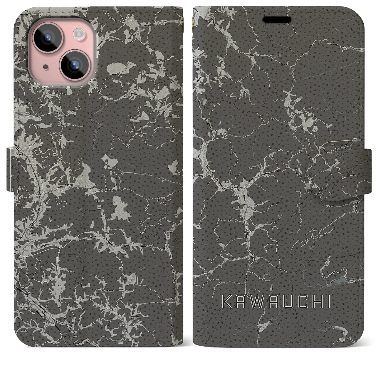 【川内(福島県)】地図柄iPhoneケース(手帳タイプ)モノトーン・iPhone 15 Plus 用