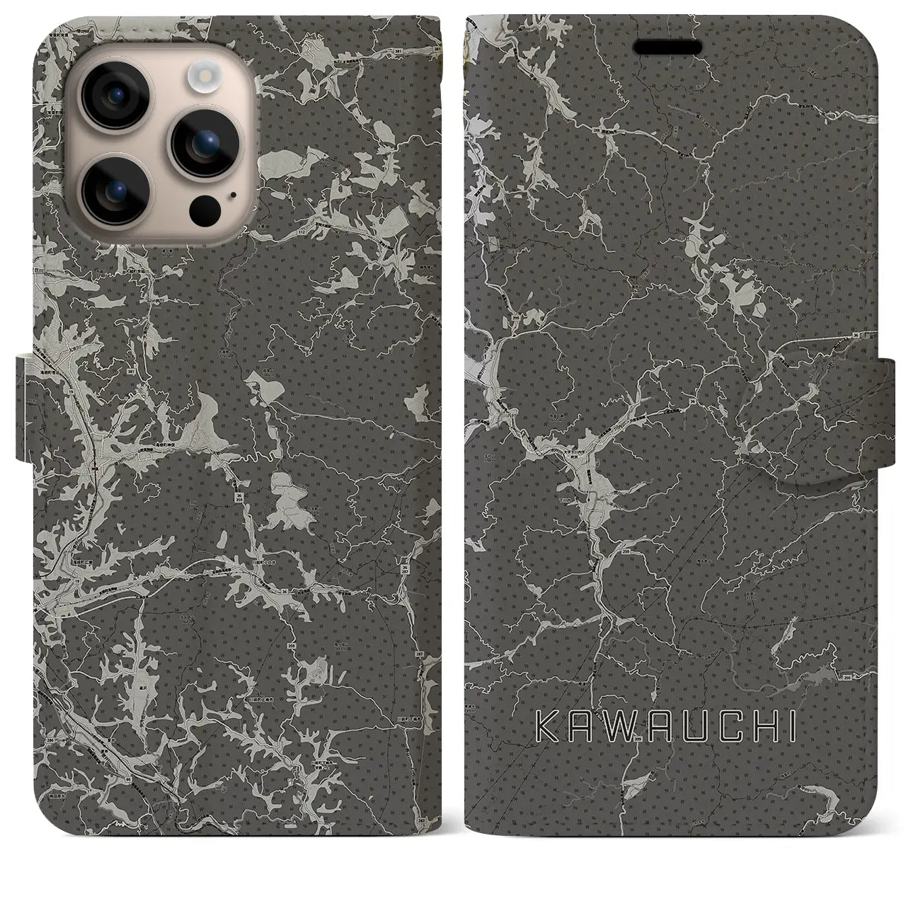 【川内(福島県)】地図柄iPhoneケース(手帳タイプ)モノトーン・iPhone 16 Plus 用