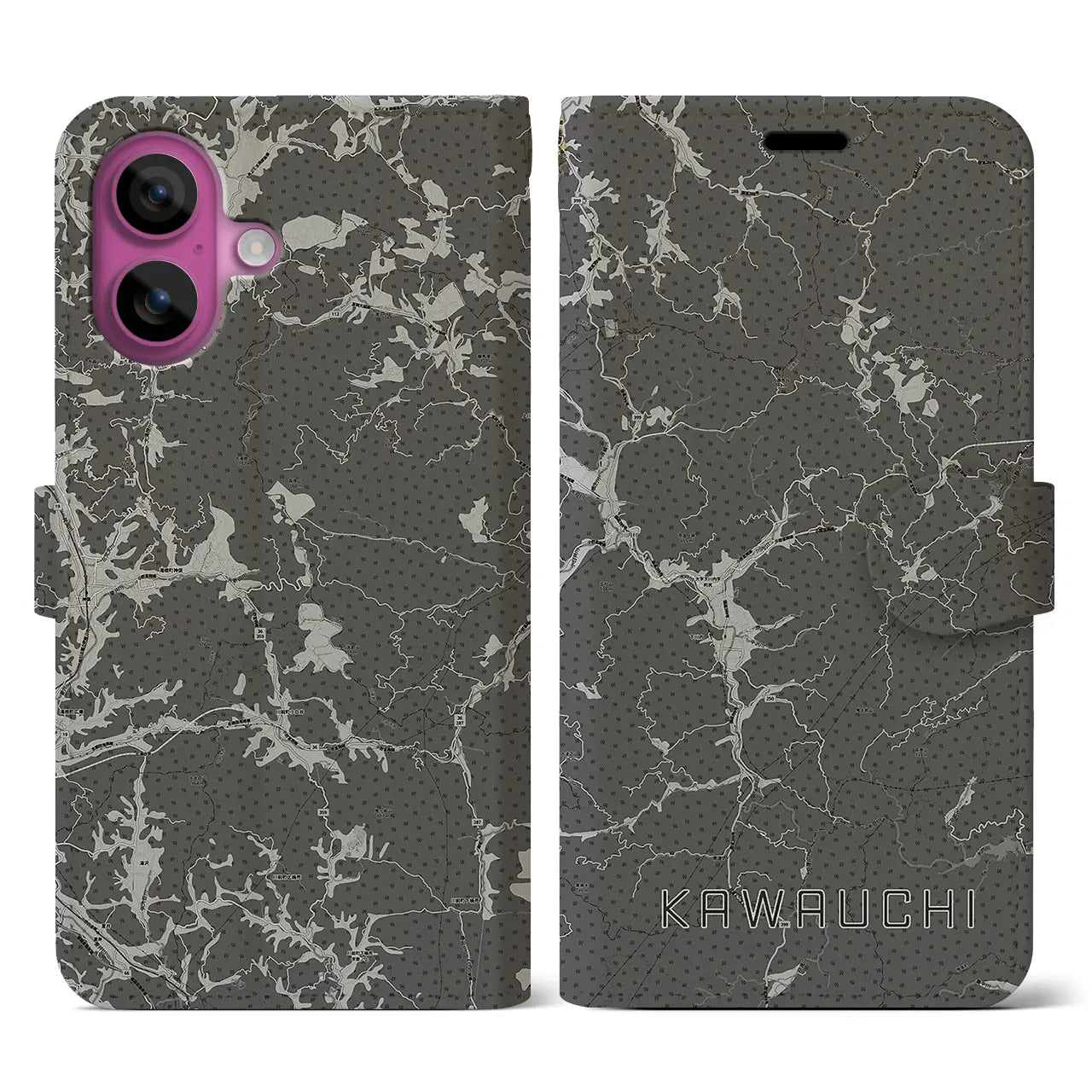 【川内(福島県)】地図柄iPhoneケース(手帳タイプ)モノトーン・iPhone 16 Pro 用