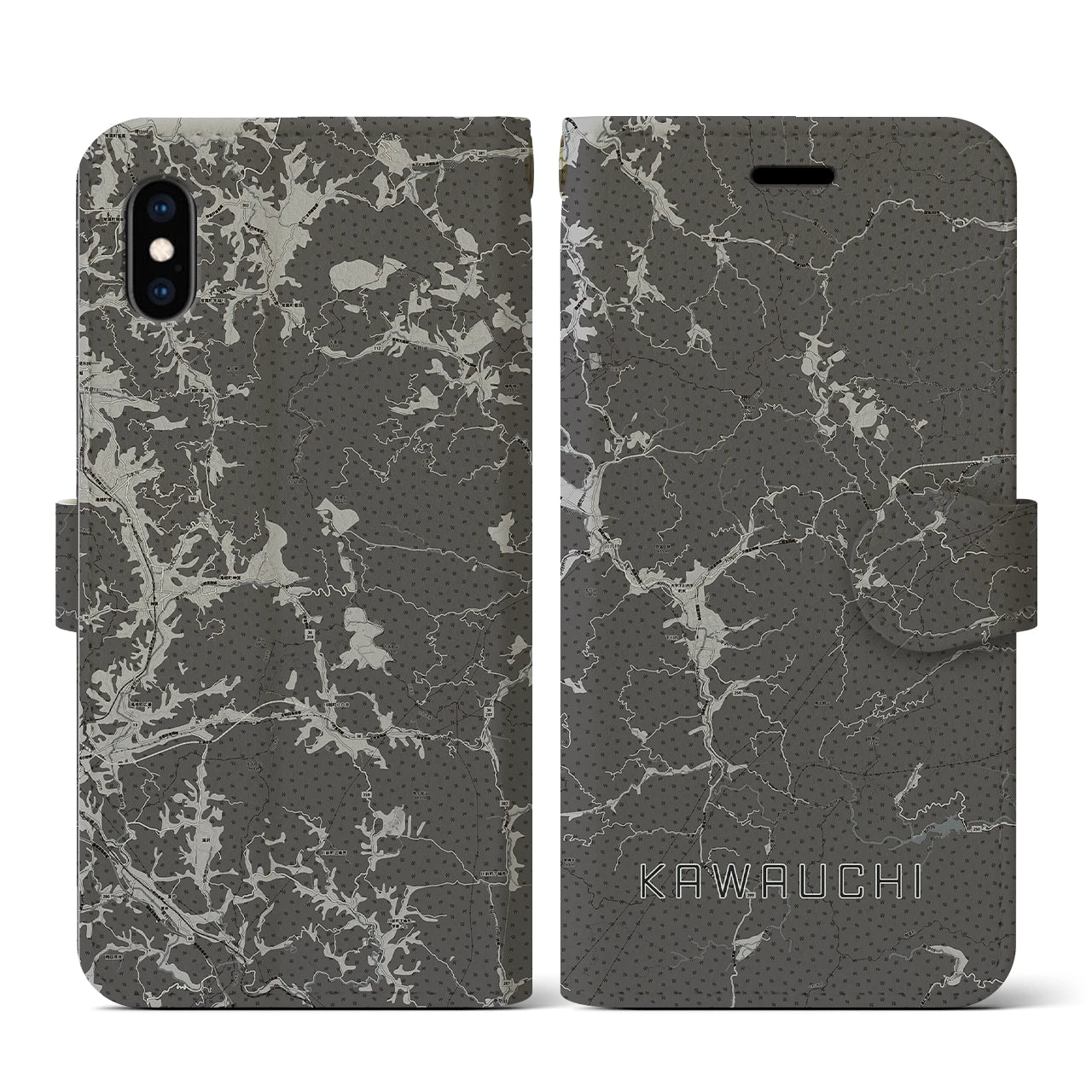 【川内(福島県)】地図柄iPhoneケース(手帳タイプ)モノトーン・iPhone XS / X 用