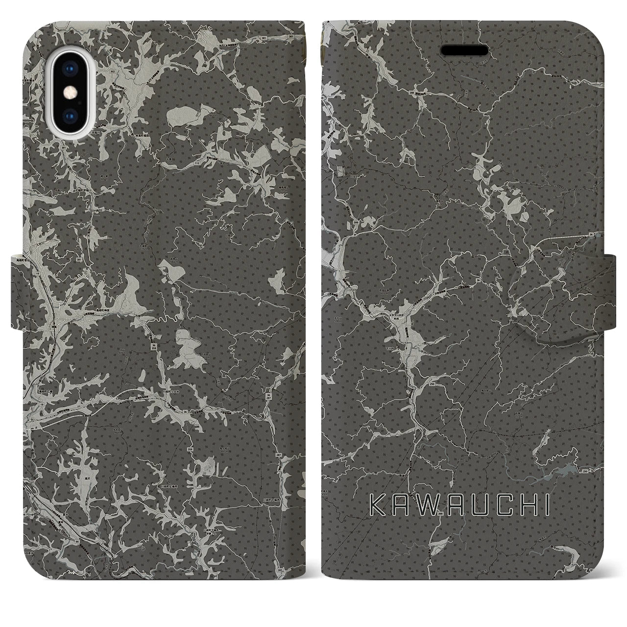 【川内(福島県)】地図柄iPhoneケース(手帳タイプ)モノトーン・iPhone XS Max 用