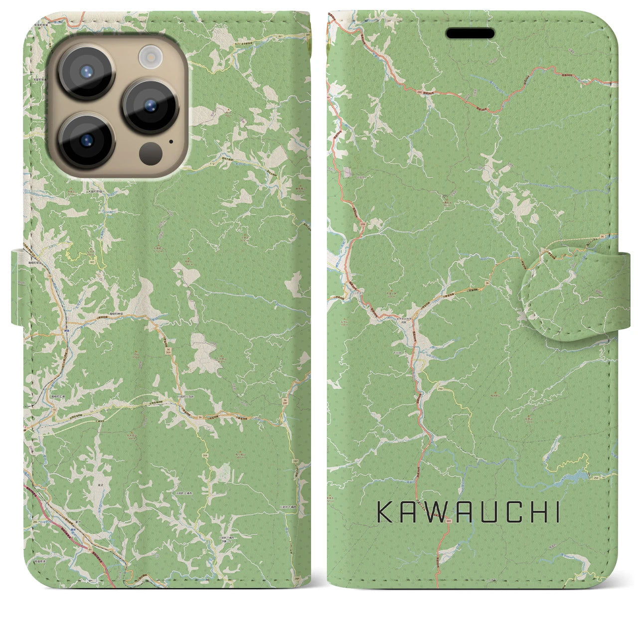 【川内(福島県)】地図柄iPhoneケース(手帳タイプ)ナチュラル・iPhone 14 Pro Max 用