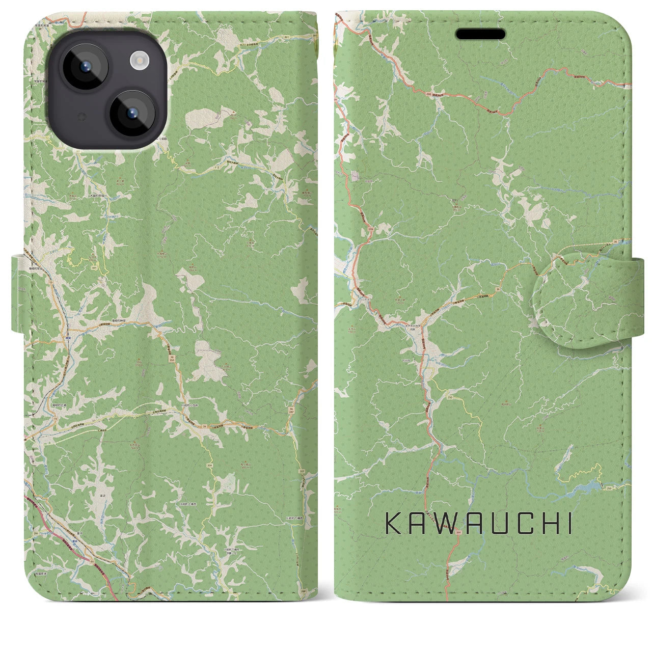 【川内(福島県)】地図柄iPhoneケース(手帳タイプ)ナチュラル・iPhone 14 Plus 用