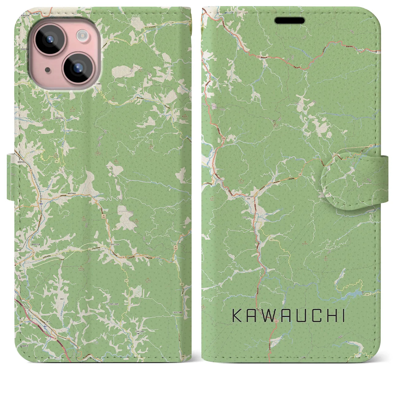 【川内(福島県)】地図柄iPhoneケース(手帳タイプ)ナチュラル・iPhone 15 Plus 用