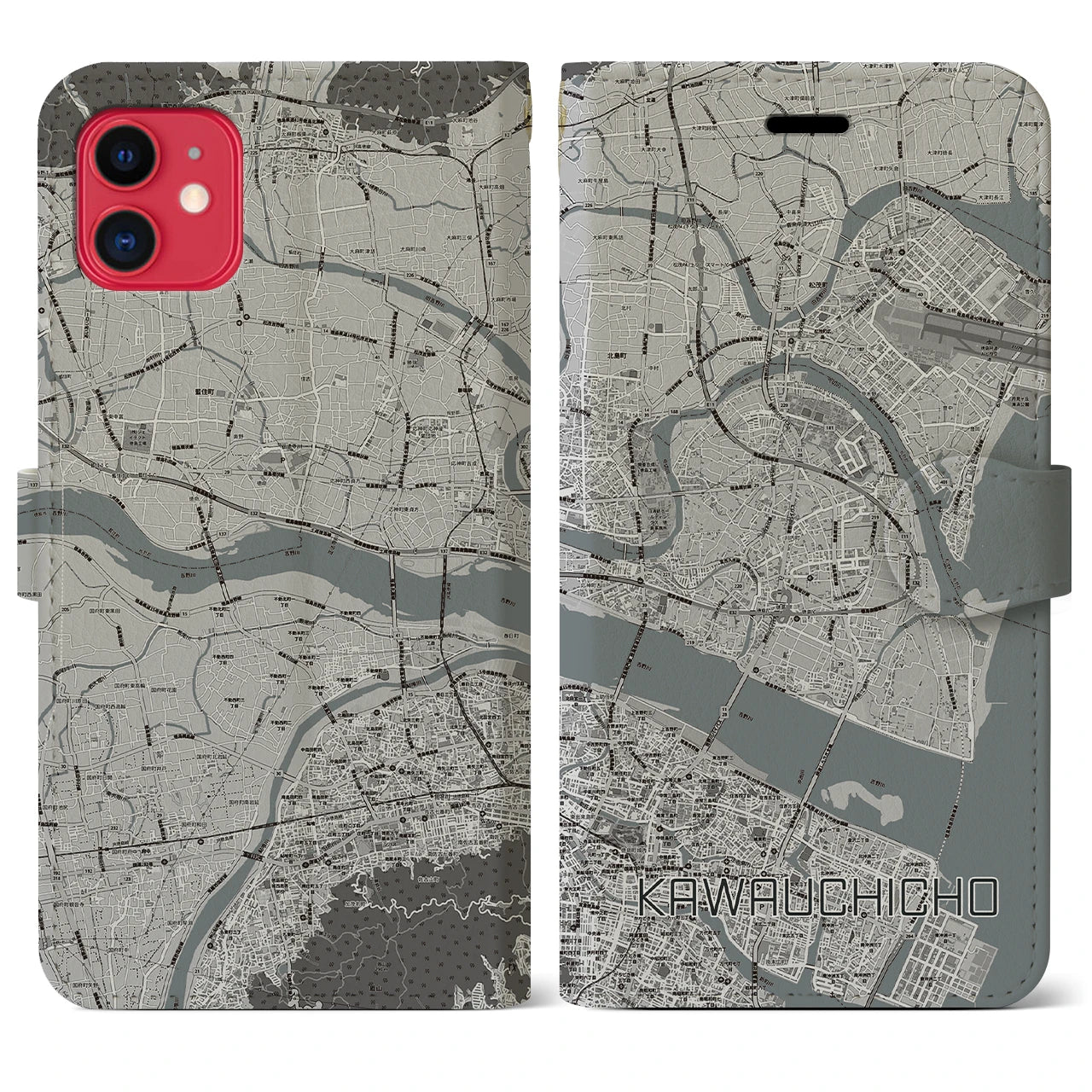 【川内町(徳島県)】地図柄iPhoneケース(手帳タイプ)モノトーン・iPhone 11 用
