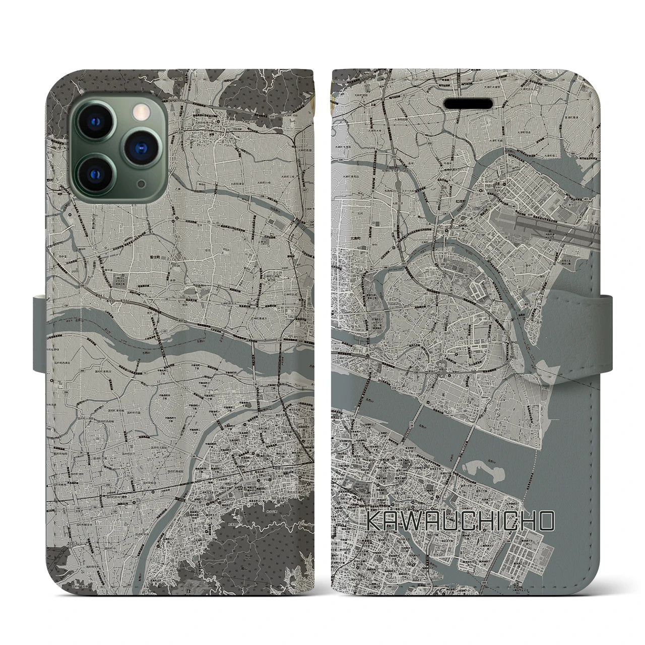 【川内町(徳島県)】地図柄iPhoneケース(手帳タイプ)モノトーン・iPhone 11 Pro 用