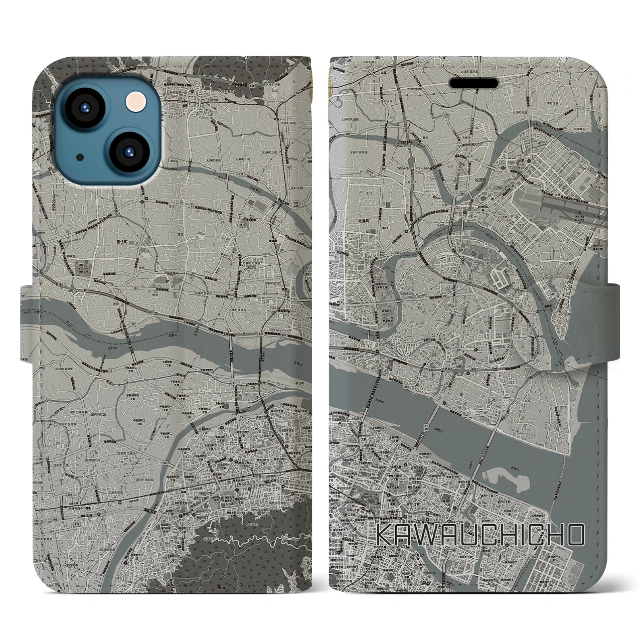 【川内町(徳島県)】地図柄iPhoneケース(手帳タイプ)モノトーン・iPhone 13 用