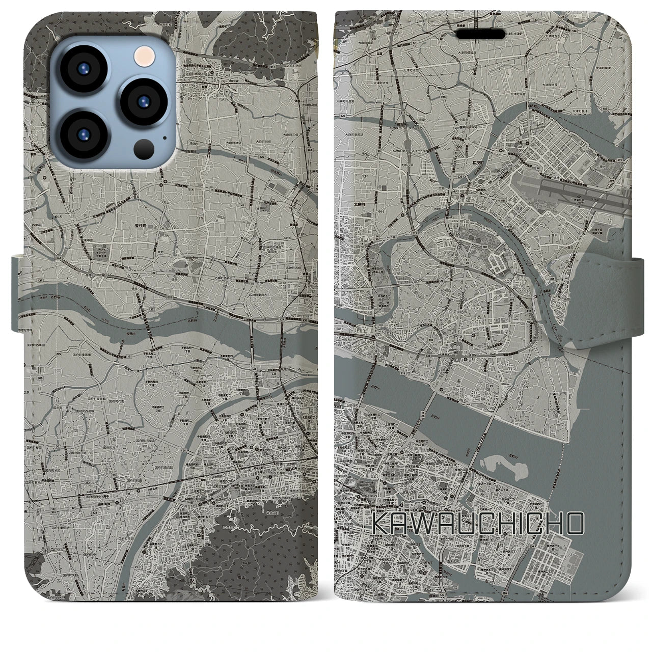 【川内町(徳島県)】地図柄iPhoneケース(手帳タイプ)モノトーン・iPhone 13 Pro Max 用