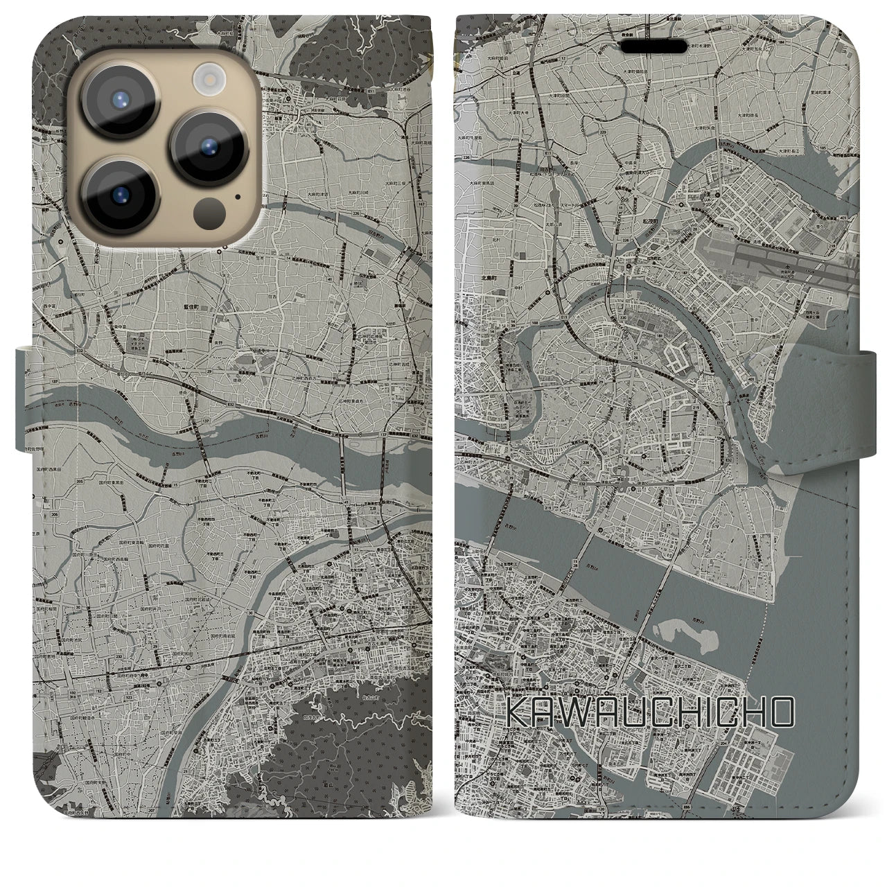 【川内町(徳島県)】地図柄iPhoneケース(手帳タイプ)モノトーン・iPhone 14 Pro Max 用