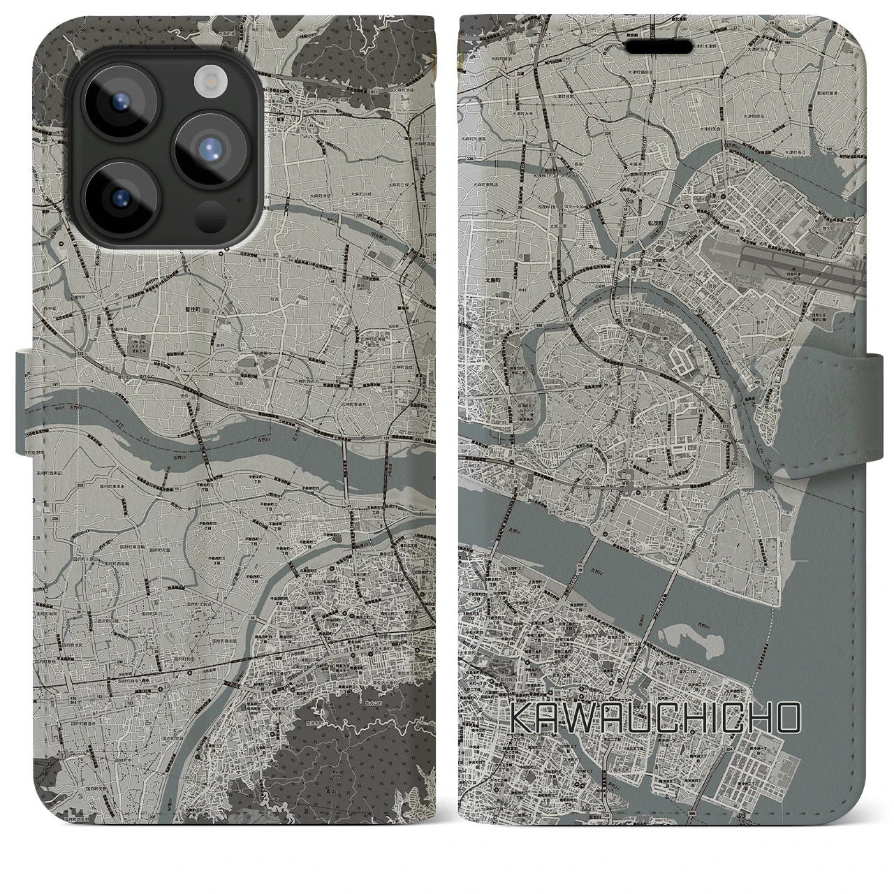 【川内町(徳島県)】地図柄iPhoneケース(手帳タイプ)モノトーン・iPhone 15 Pro Max 用