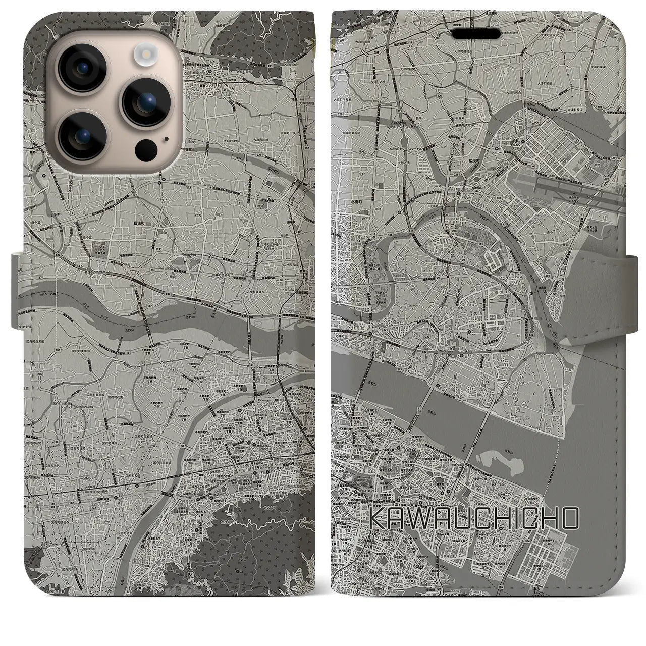【川内町(徳島県)】地図柄iPhoneケース(手帳タイプ)モノトーン・iPhone 16 Plus 用