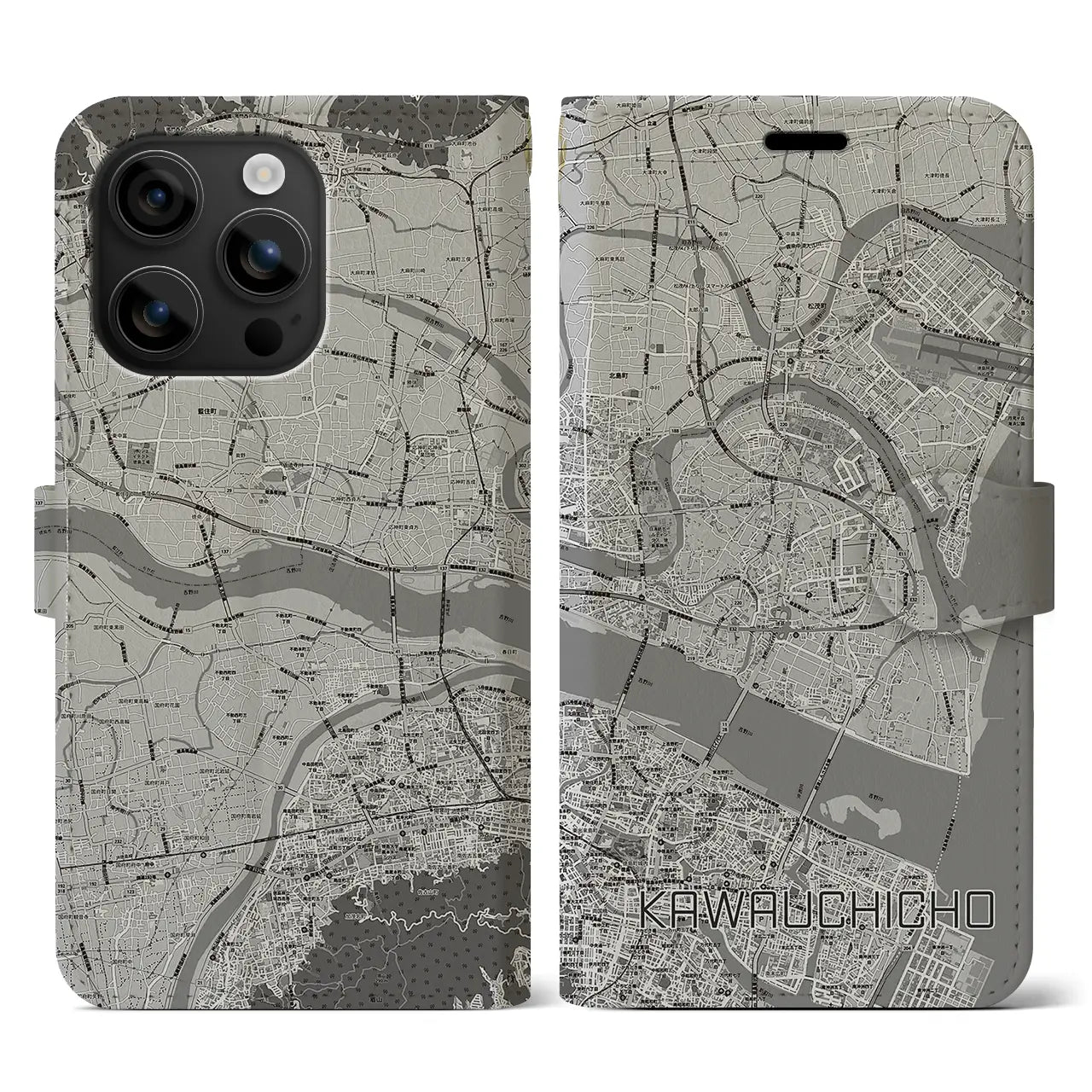 【川内町(徳島県)】地図柄iPhoneケース(手帳タイプ)モノトーン・iPhone 16 用