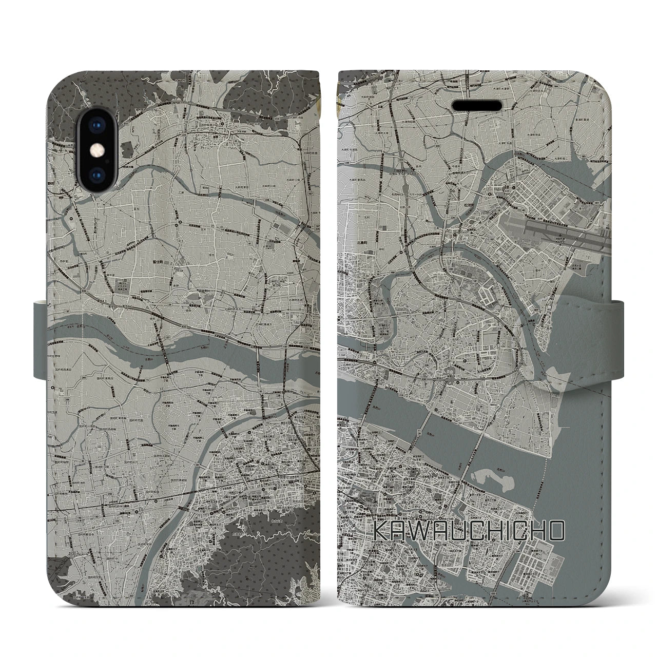 【川内町(徳島県)】地図柄iPhoneケース(手帳タイプ)モノトーン・iPhone XS / X 用