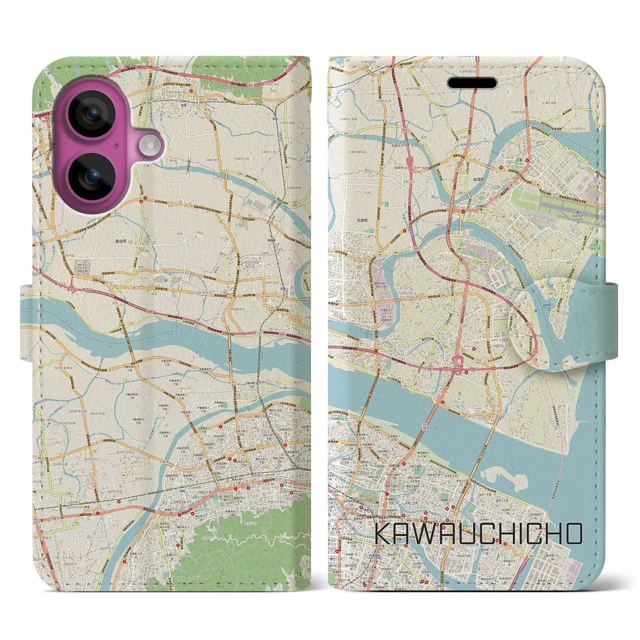 【川内町(徳島県)】地図柄iPhoneケース(手帳タイプ)ナチュラル・iPhone 16 Pro 用
